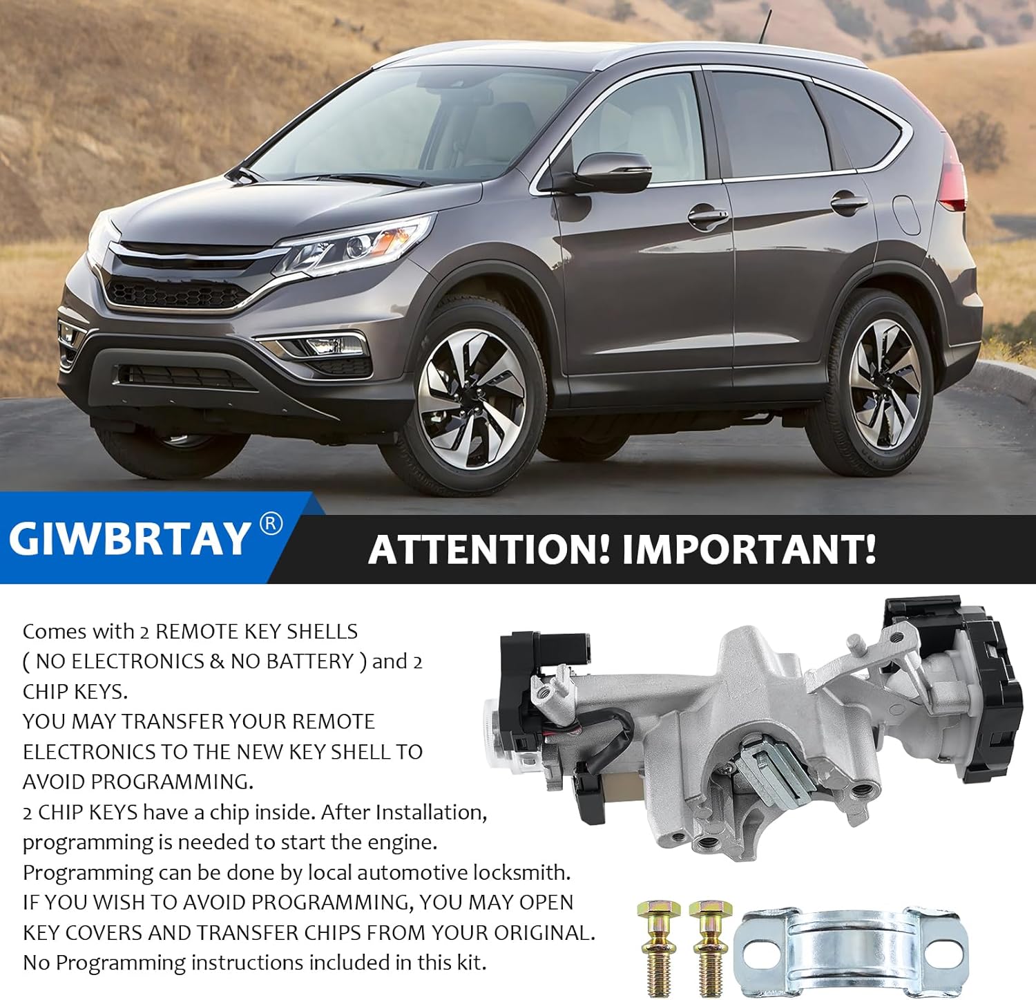 Compatible with Honda Civic 2014-2015, For Honda CR-V CRV 2015-2016 Ignition Switch Lock Cylinder Assembly (NO TRANSCEIVER) With Two Key Shells (NO Electronics, ONLY Key Shells) and Two Chip Keys