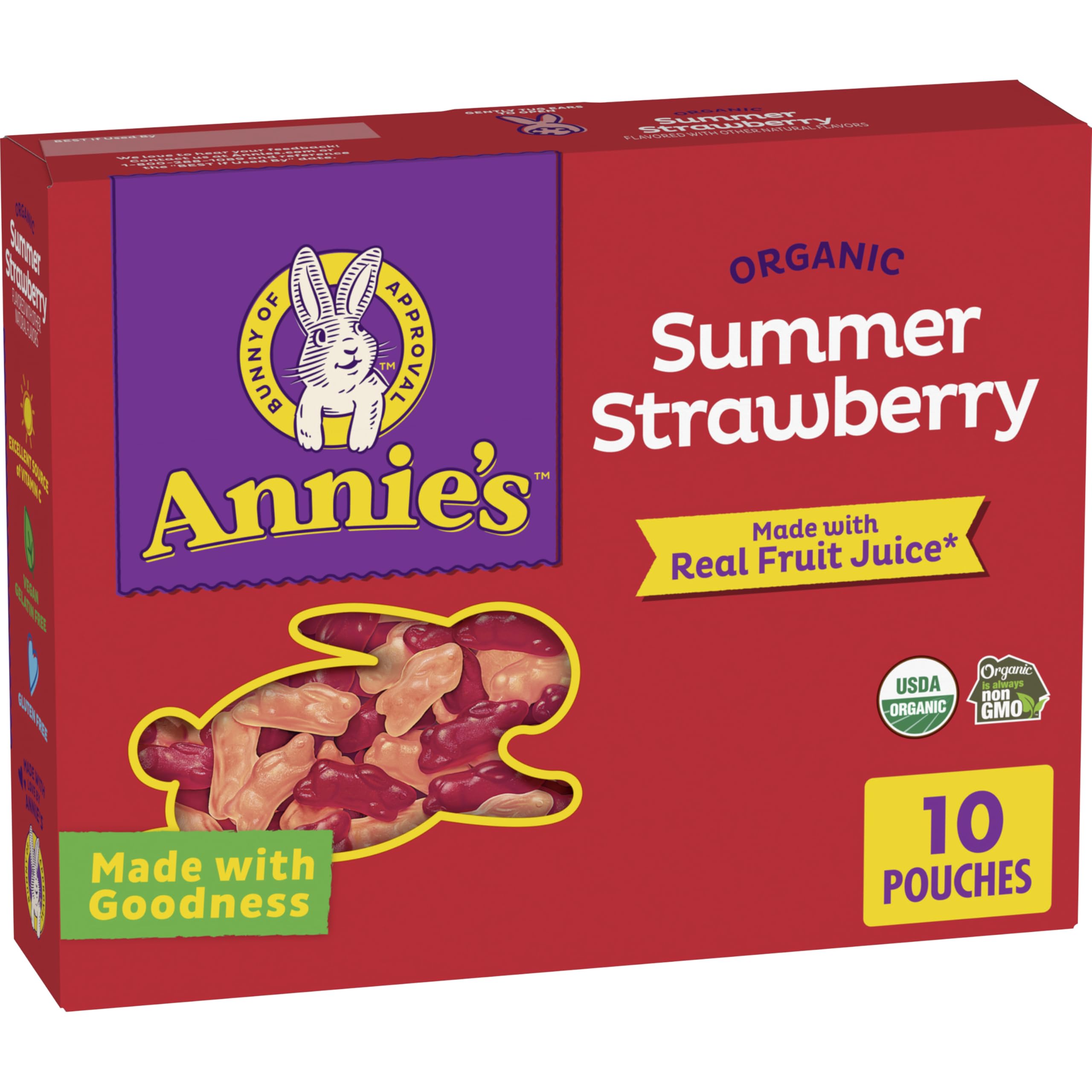 Annie's Organic Bunny Fruit Flavored Snacks, Summer Strawberry, Gluten Free, 10 Pouches, 7 oz