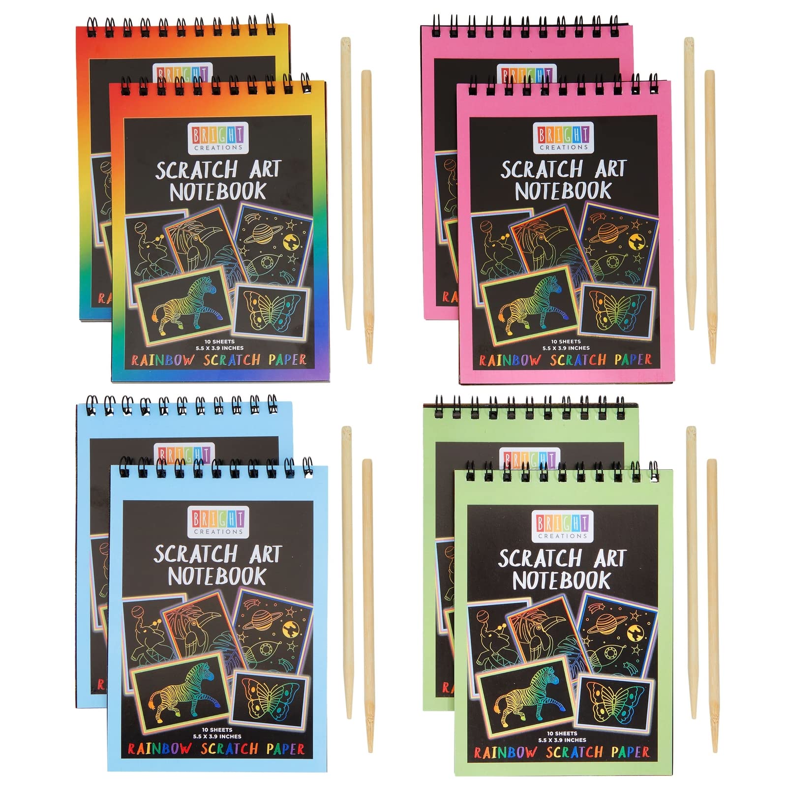 Bright Creations 8 Pack Rainbow Scratch Paper Pads for Kids with Wooden Styluses, 10 Sheets (5.5 x 3.9 In)