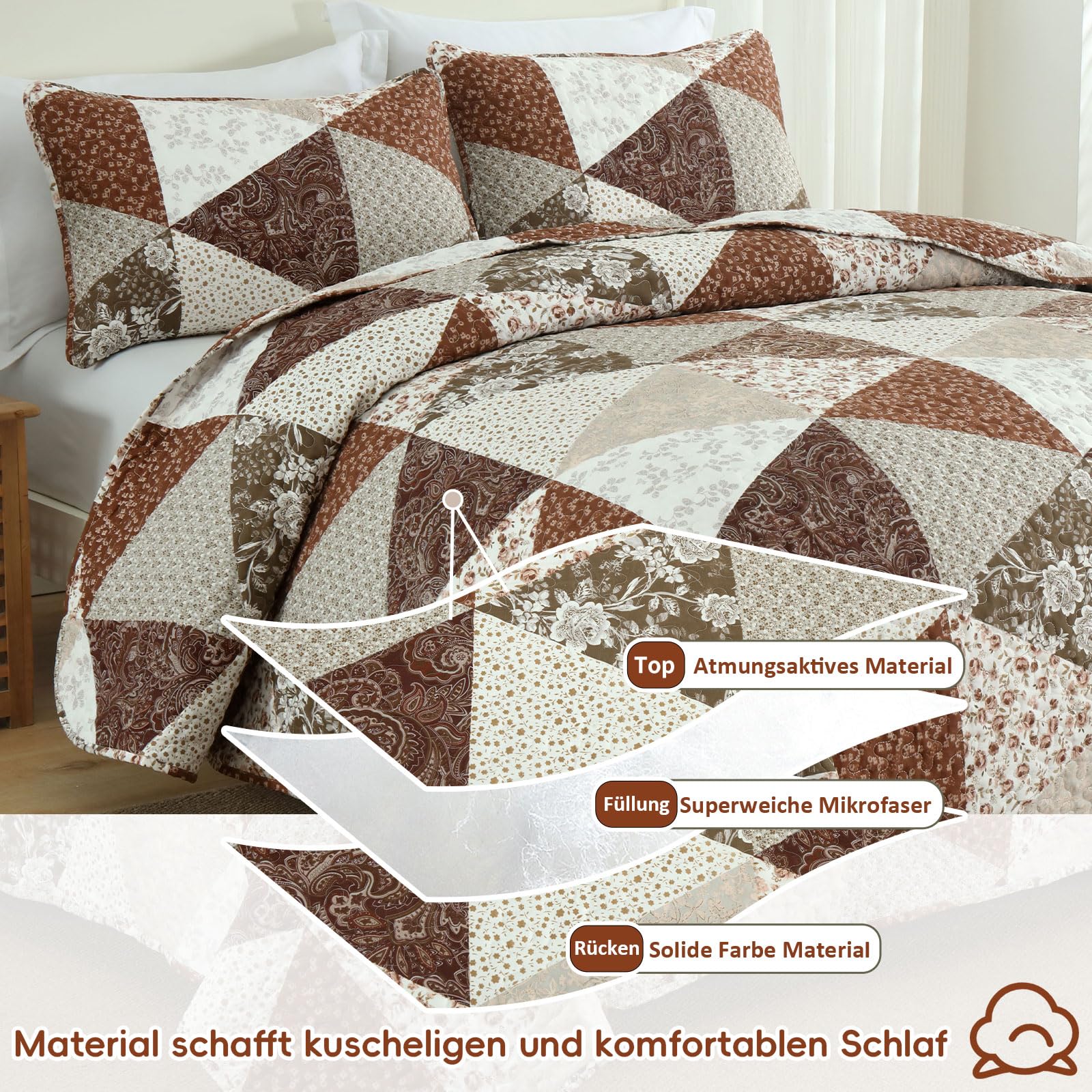 Parure De Lit 220x240cm WONGS BEDDING - Microfibre Matelassée Motif Floral - 2 Taies 50x75cm - Rose Violet