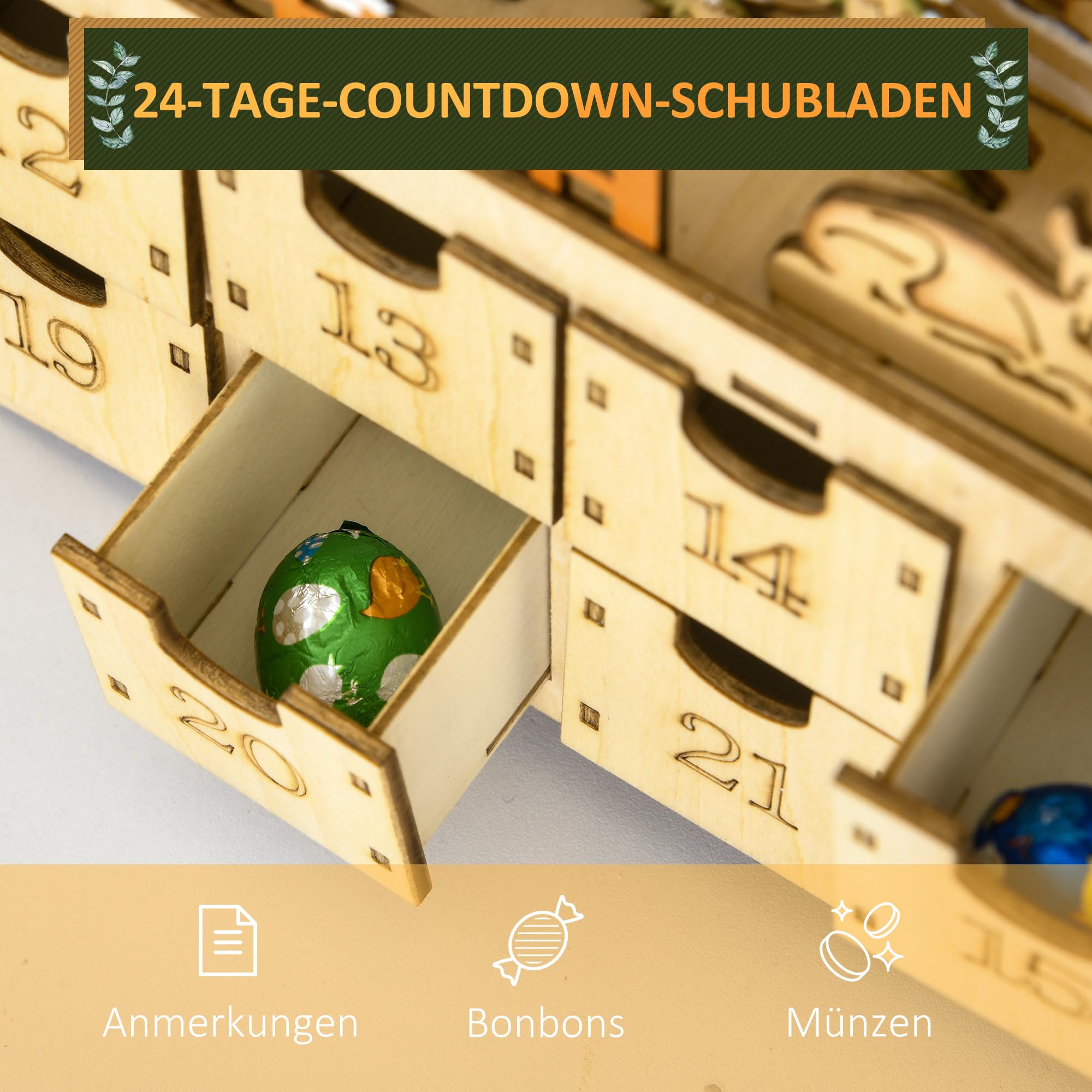 HOMCOM Adventskalender zum Befüllen LED-Lichtern Naturholz 36 x 9 x 52 cm | 24 Schubladen Fächer, Weihnachtskalender, Adventskalenderbox, Weihnachtsdekoration, DIY