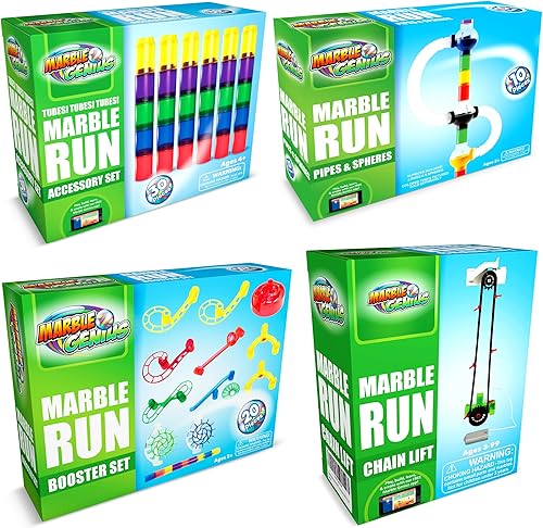 Marble Genius Paquete juego de refuerzo de carrera de mármol (20 piezas), tubos, esferas y tubos accesorio, elevación automática de cadena, crea