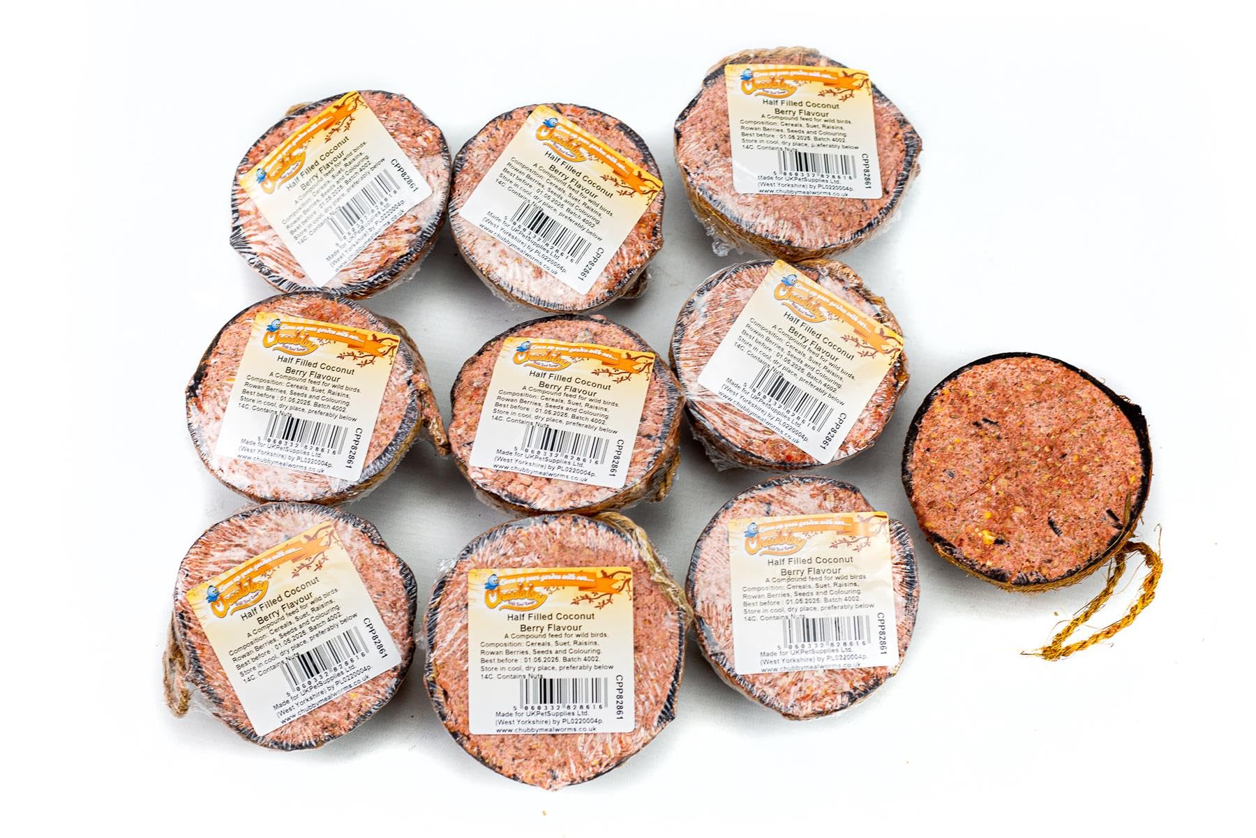 Chubby Coconut Halves Topped with Berry, Bird Feeder Coconut Shells, for Wild Birds, Suet for Blackbirds, Woodpeckers, Starlings & Sparrows (10 Pack)