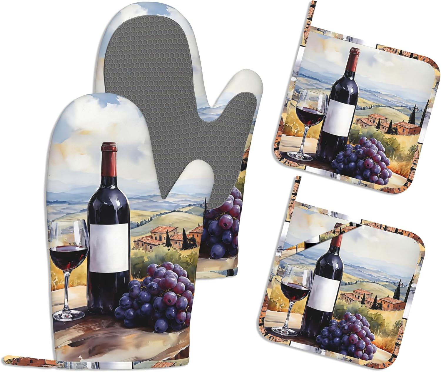 Oven Mitts and Pot Holders Sets,Farmhouse Grape Wine Bottle Thick Cotton Kitchen Oven Mitt Set,Vintage Country Waterproof Anti-Slip Silicone Mittens for Baking,Cute Cooking Utensils Set