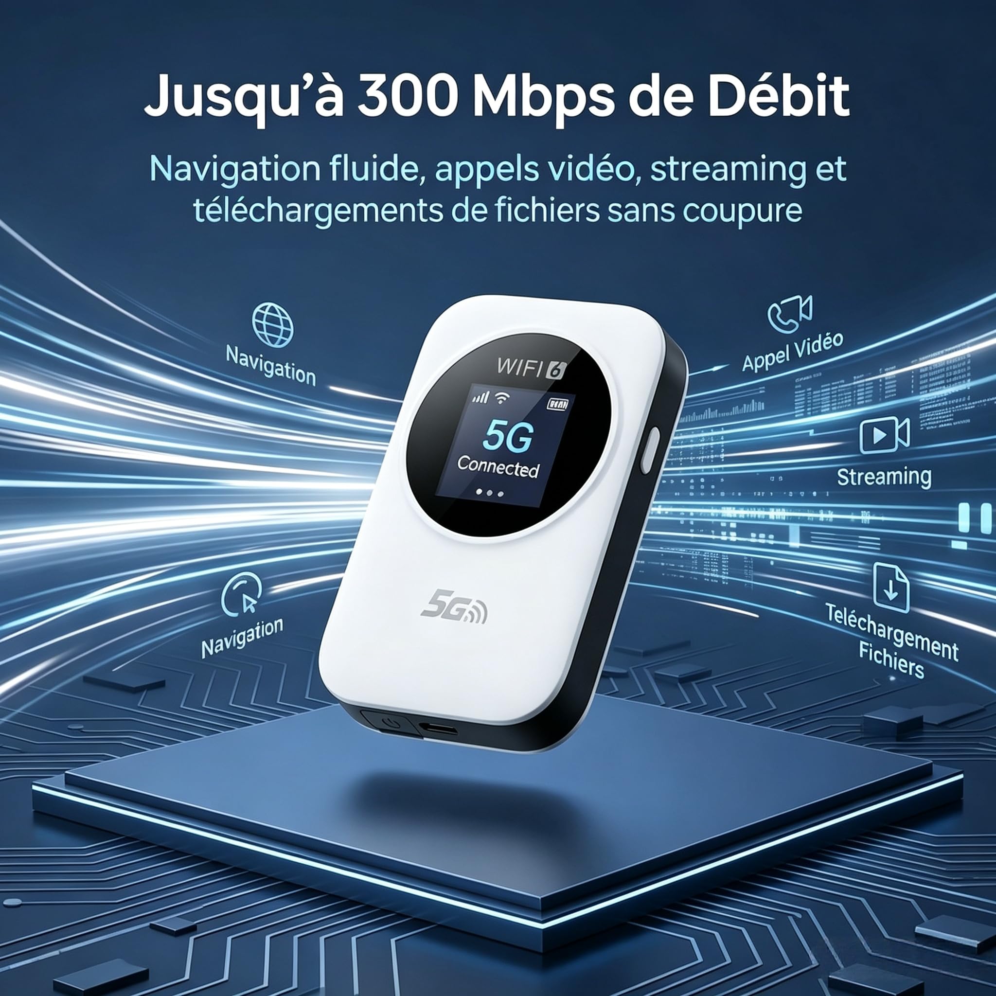 Routeur WiFi 6 Portable 5G Déverrouillé ，avec Emplacement SIM, Modem Internet Mobile Haut Débit 5G/4G+, Connexion Jusqu'à 30 Appareils, Idéal Voyage et Télétravail