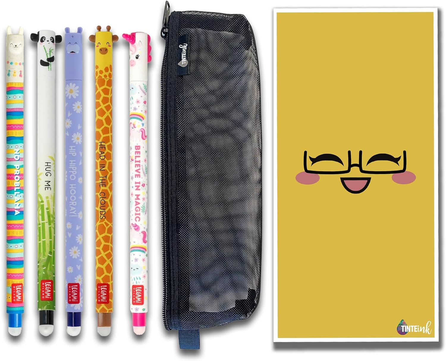 Legami Erasable Pens Bundles/Sets with Cute Envelope and Mesh Pencil Case! - (Panda, Giraffe, Llama, Unicorn & Hippo Set)