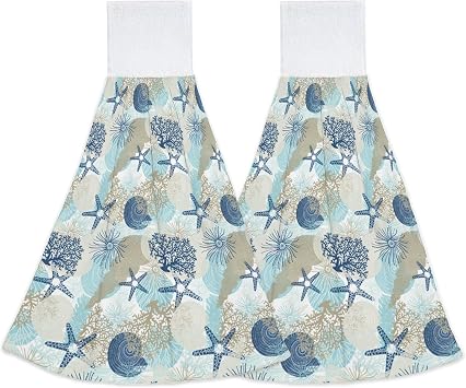 Elightvap Beach Seashell Coral Starfish Kitchen Towels with Hook Loop Tea Bar Dish Cloth Dry Towel Set of 2 Hanging Hand Towel for Bathroom Tea Bar Laundry Room