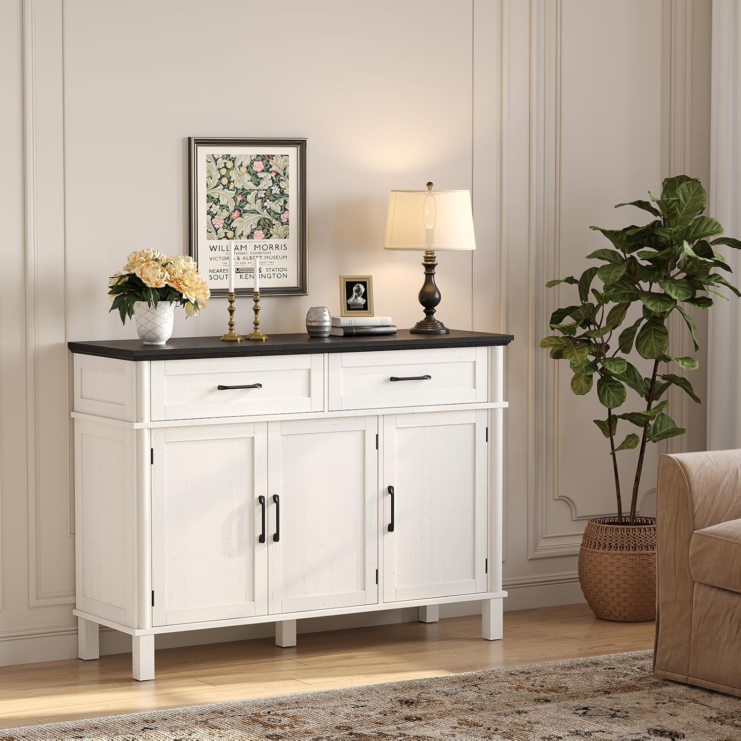 48 Inch Sideboard Buffet Cabinet with Storage, Farmhouse Coffee Bar Cabinet with 2 Drawers, Adjustable Shelves, Wood Sideboard Credenza for Kitchen, Living Room, Entryway, Off White&Black