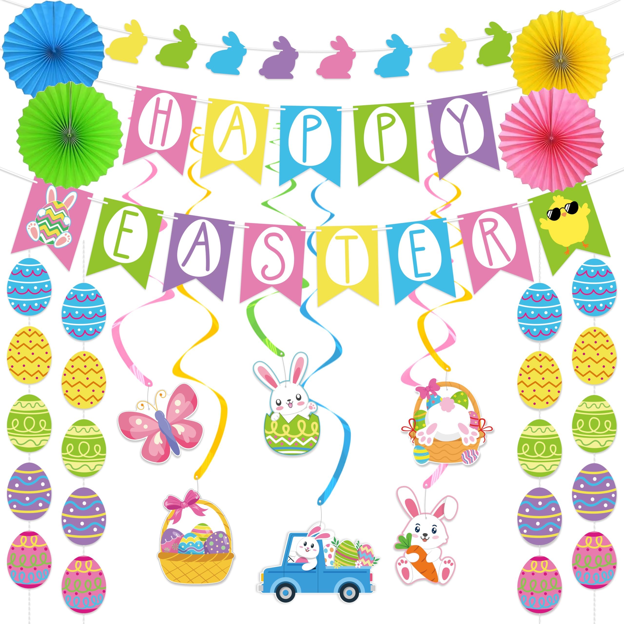 Easter Decorations Set, Pre-strung Happy Easter Decorations Includes Happy Easter Banner Bunny Egg Garland Paper Fans Hanging Swirls Easter Decor for Home Office Classroom Spring Easter Party Supplies