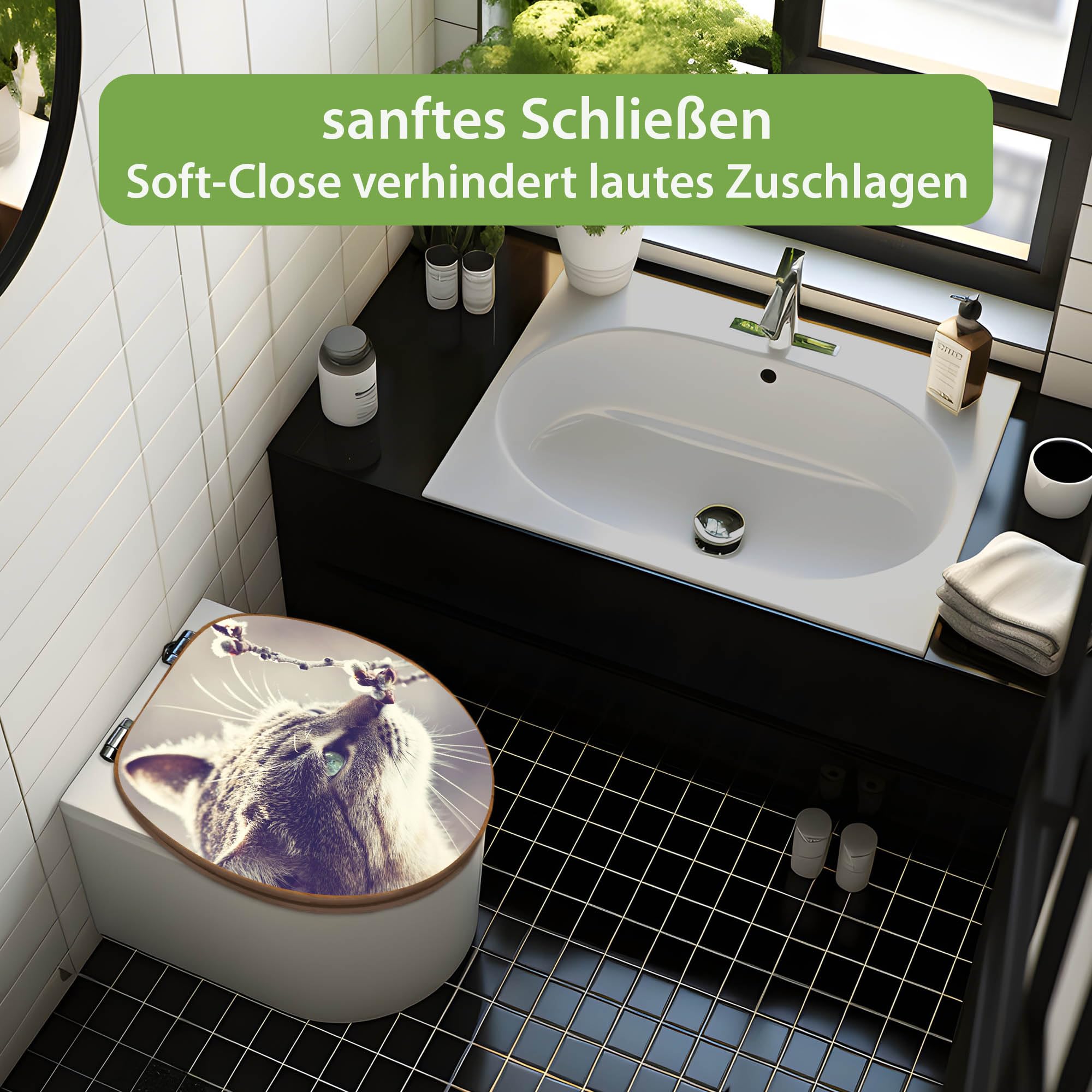banjado Design WC Sitz Bambus Absenkautomatik 45,8x37,5cm - Toilettendeckel mit Absenkautomatik Holz - hochwertiger Bambus Klodeckel - WC-Sitz für gängigen Toiletten - Motiv Weidenkätzchen