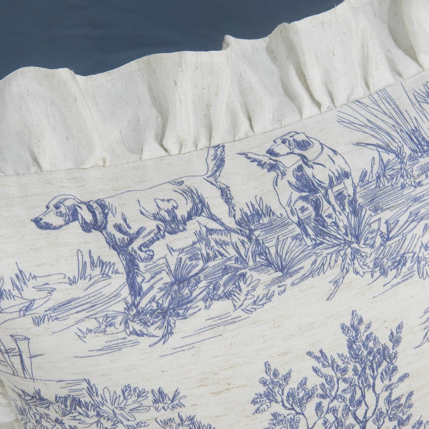 Rustic Throw Pillow Covers Set of 2 Classic French Village Printed Linen Fabric Decorative Pillow Cases Retro Ruffle Flounces Trim Square Cushion Case for Livingroom Sofa Decor Blue 22 x 22 Inch