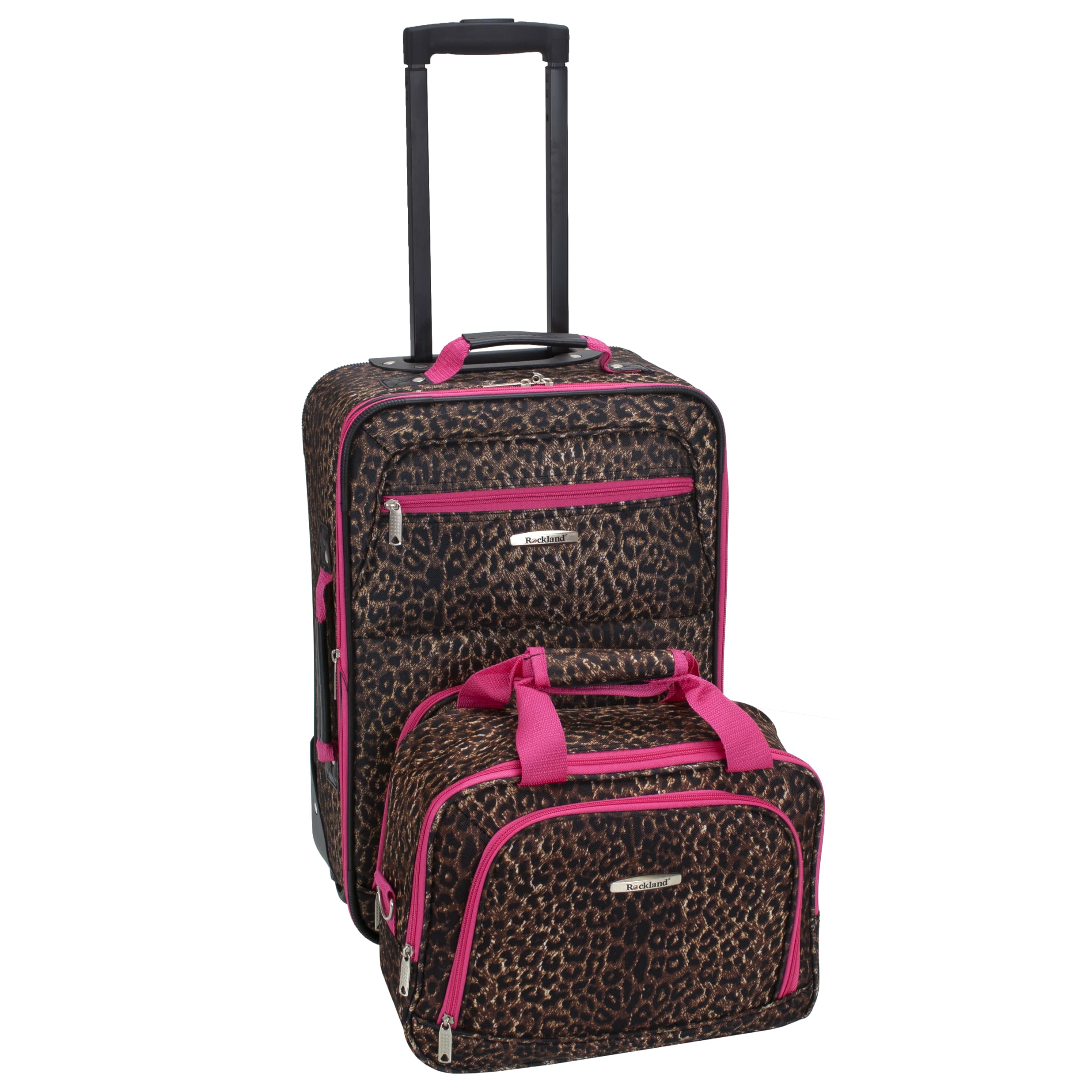 Fashion Softside Upright Luggage Set, Expandable,Lightweight,Telescopic Handle,Wheel, Pink Leopard, 2-Piece (14/19)