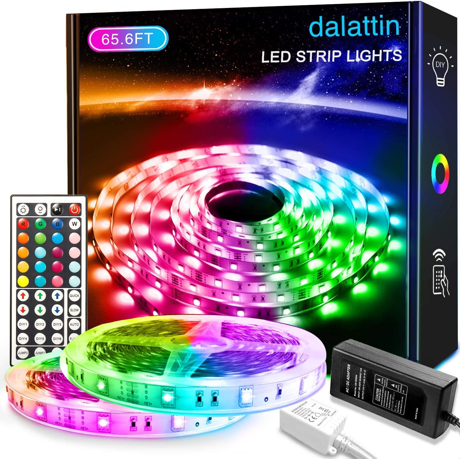 dalattin 65.6ft RGB Led Lights for Bedroom Color Changing Led Strip Lights with 44 Keys Remote,for Home Essential, Bedroom Room Party Decoration,Festival Decor,2 Rolls of 32.8ft