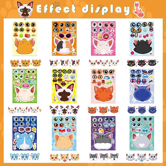 Cats Stickers for Kids, Make a Cat Face Stickers, Animal Stickers | 24 Sheets Make You Own Cats Stickers, Birthday Gift Party Favors Supplies Teacher Art Craft, Games School Activity Reward