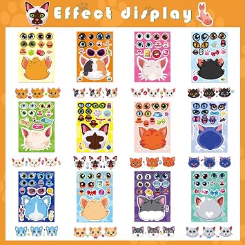 Cats Stickers for Kids, Make a Cat Face Stickers, Animal Stickers | 24 Sheets Make You Own Cats Stickers, Birthday Gift Party Favors Supplies Teacher Art Craft, Games School Activity Reward