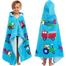 Wildkin Kids Hooded Beach Towel 100% Cotton, Snap Front for Bath, Pool & Beach - Trains, Planes & Trucks