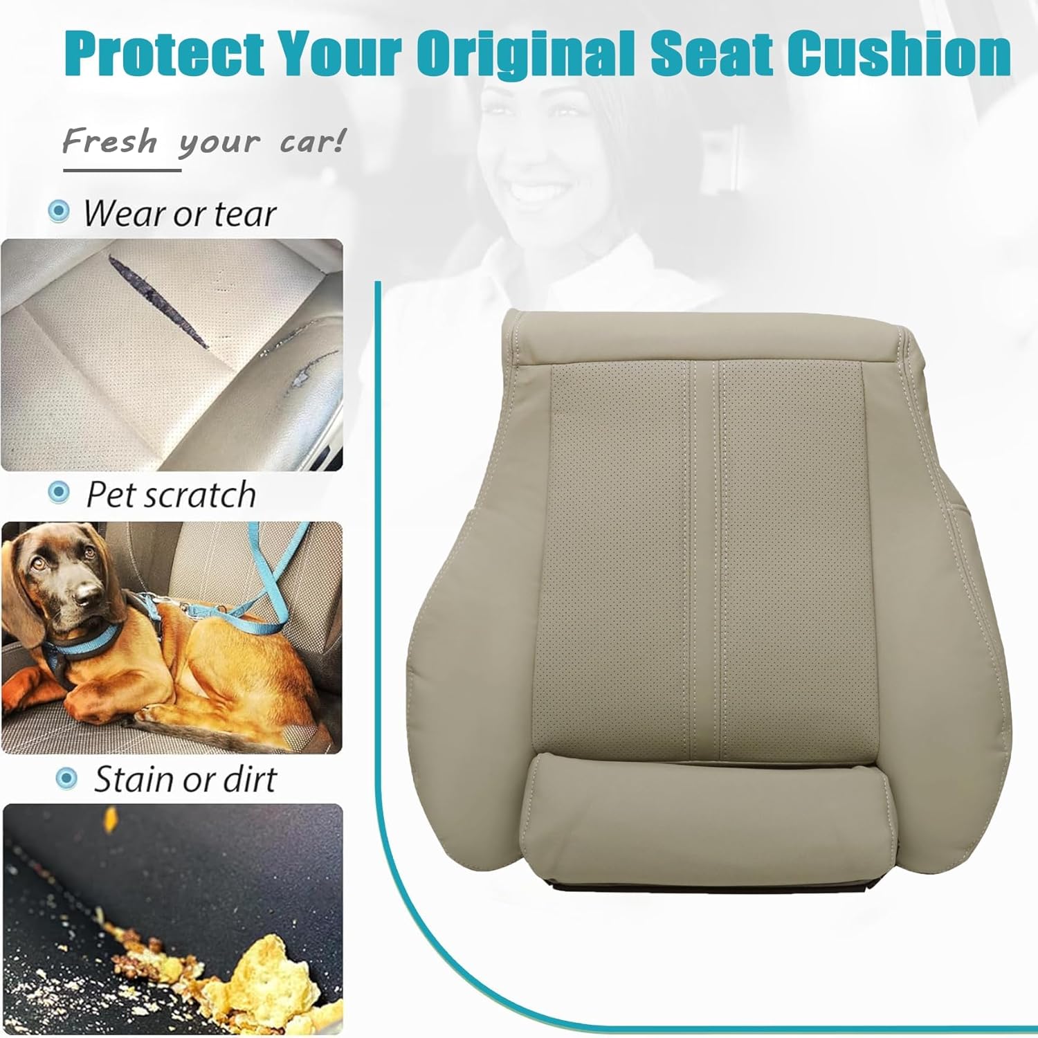Mythoria Front Driver Side Bottom Replacement Perforated Leather Seat Cover Tan Compatible with Cadillac SRX 2010 2011 2012 2013 2014 2015 2016
