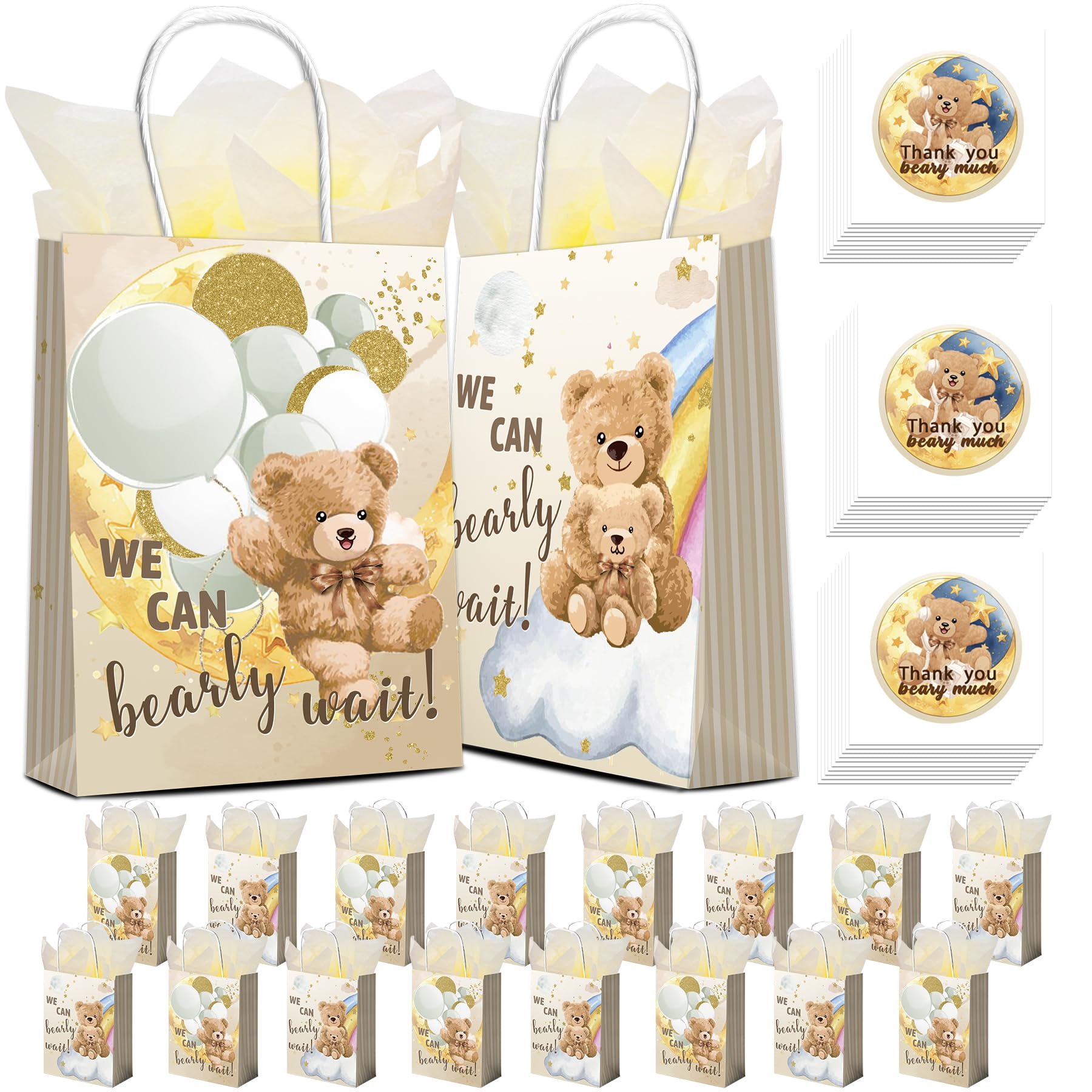 Apinwin 16PCS We Can Bearly Wait Party Gift Bags with Handles,30PCS Bear tickers,20PCS Wrapping Tissue Paper for Birthday Baby Shower Gender Reveal