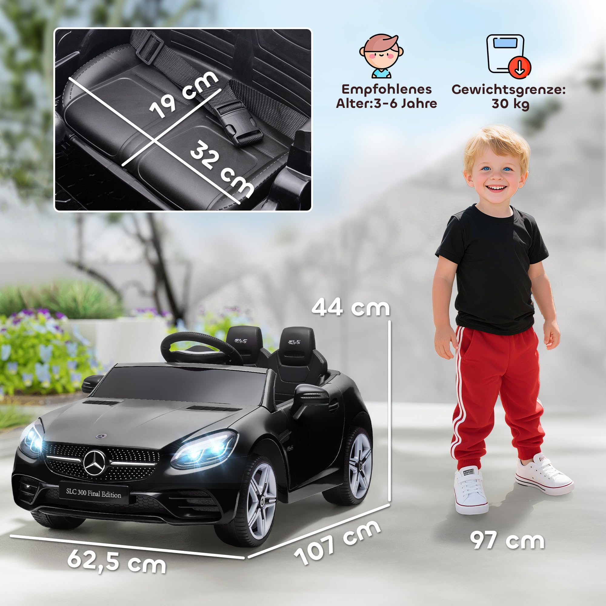 AIYAPLAY Samochód elektryczny dla dzieci, z pilotem zdalnego sterowania 2,4 G, samochód dziecięcy z reflektorami LED, pas bezpieczeństwa, klakson, muzyka, samochód elektryczny dla dzieci od 3 lat, czarny