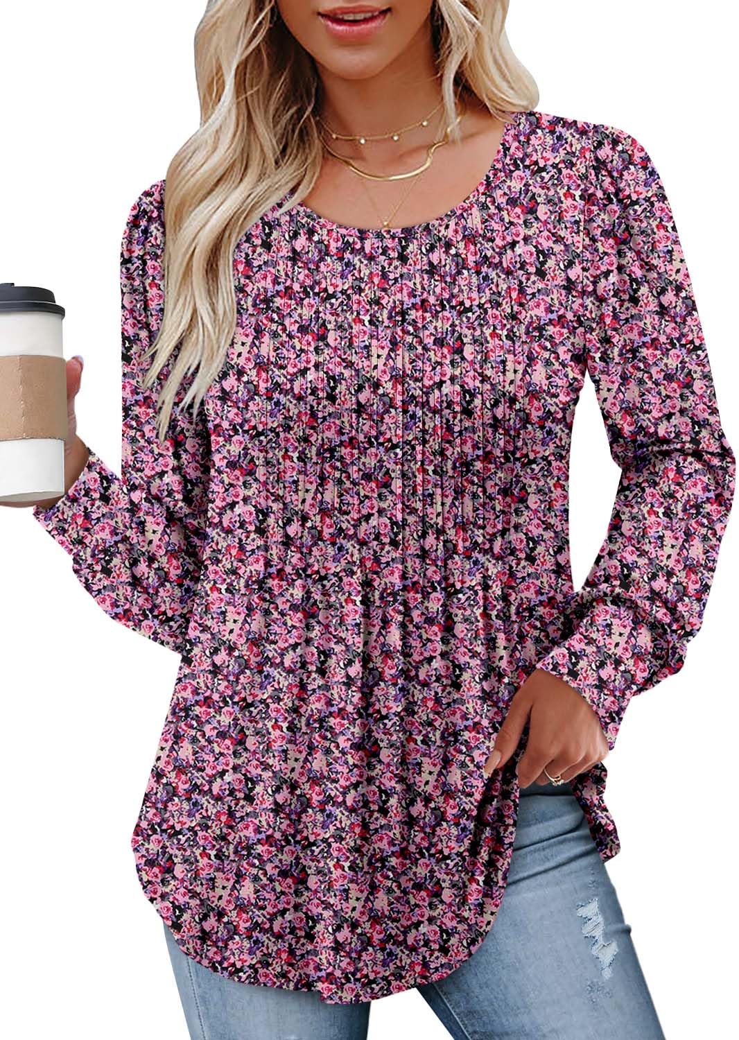 onlypuff Women's Puff Sleeve Tunic Tops Crew Neck Pleated Blouses 2025 Dressy Casual Loose T-Shirts