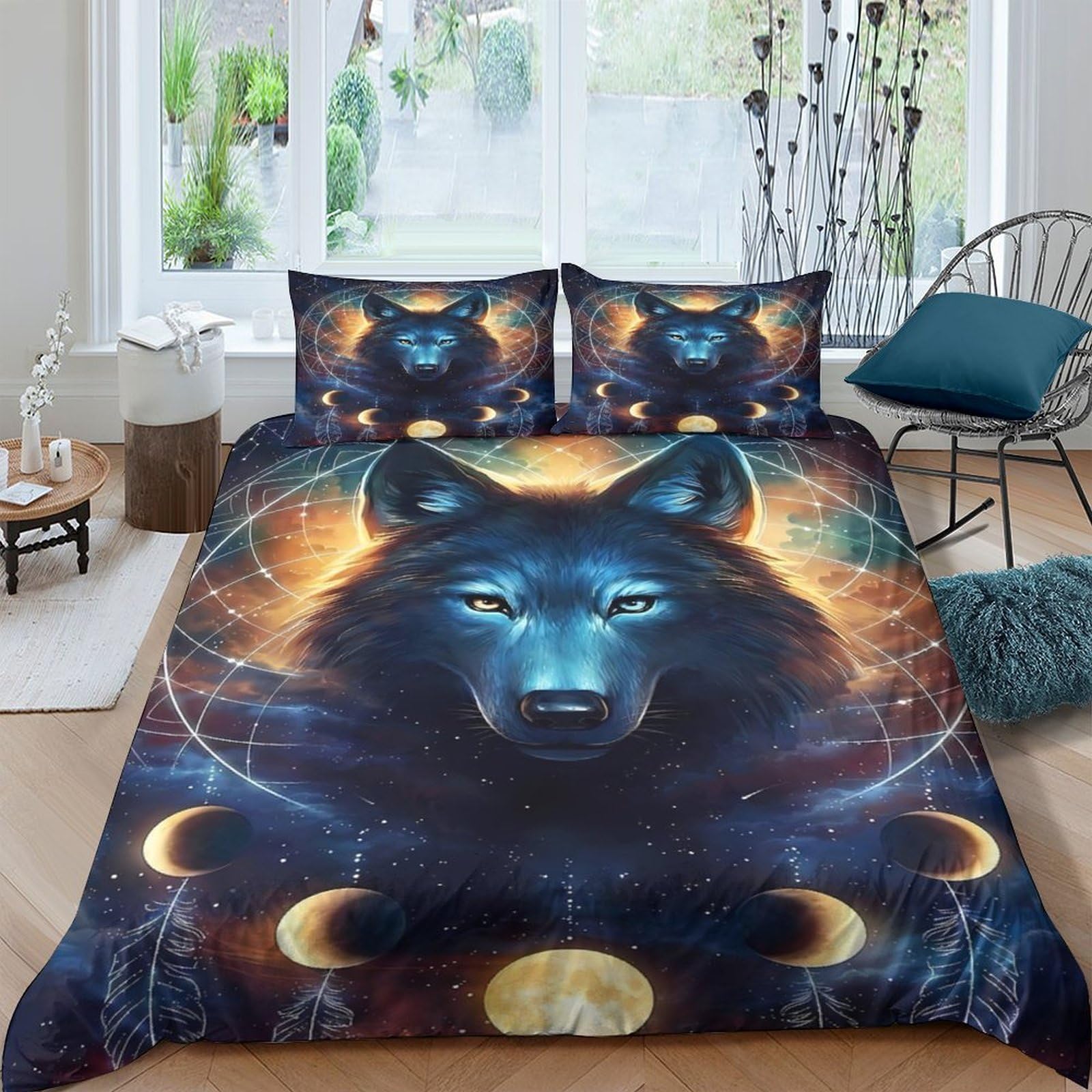 Ctjqhvkz Style-4 3D Printed Wolf Moon Fitted Sheet Microfiber Soft Deep Blue Night Sky Mattress Cover Bedroom Decor Single（135X200cm）