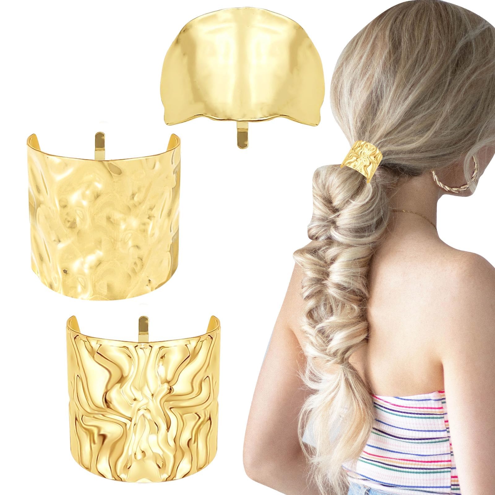 GAGAN ゴールド ヘアアクセサリー Amazon | ゴールドヘアカフ3個、ゴールドポニーテールカフテール