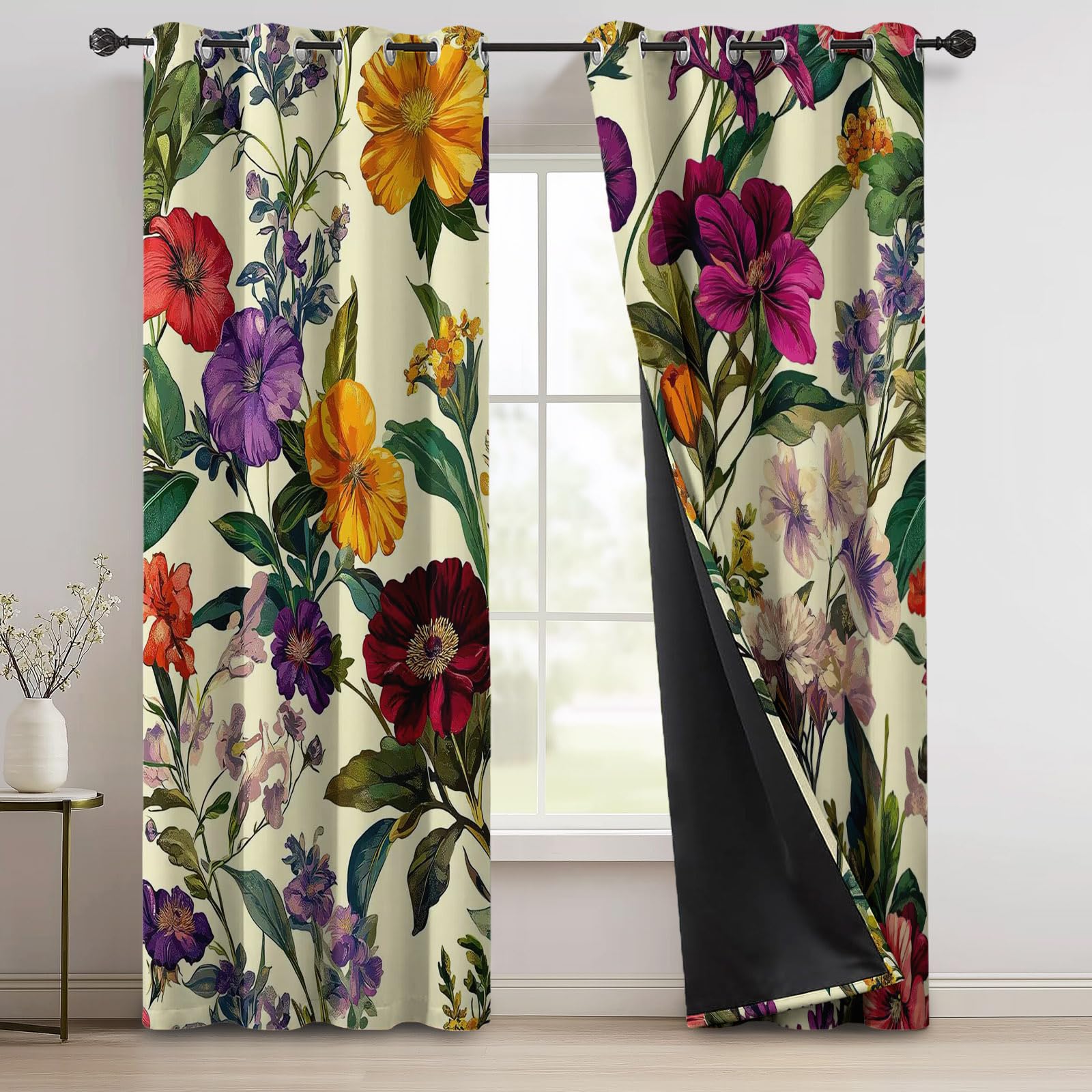 Blickdicht Vorhang mit Elegante Pflanzen Und Blumen Muster Vorhang mit Ösen Thermovorhang für Mädchenzimmer Wohnzimmer Schlafzimmer Fenstervorhänge Bunt für Zuhause H183 x B117 cm (2er Pack)
