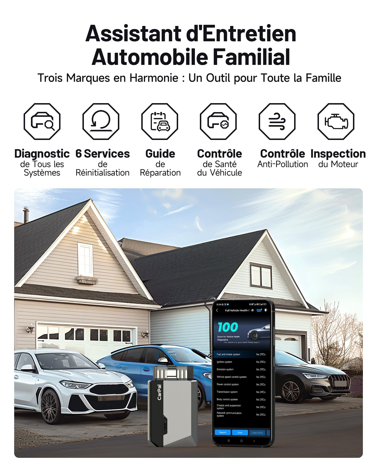 TOPDON Carpal-A Valise Diagnostic Voiture Bluetooth, Tous Les systèmes Diagnostic pour iOS et Android, 6 Services d'entretien, vérification de l'état du véhicule,1 an de Mise à Niveau Gratuite