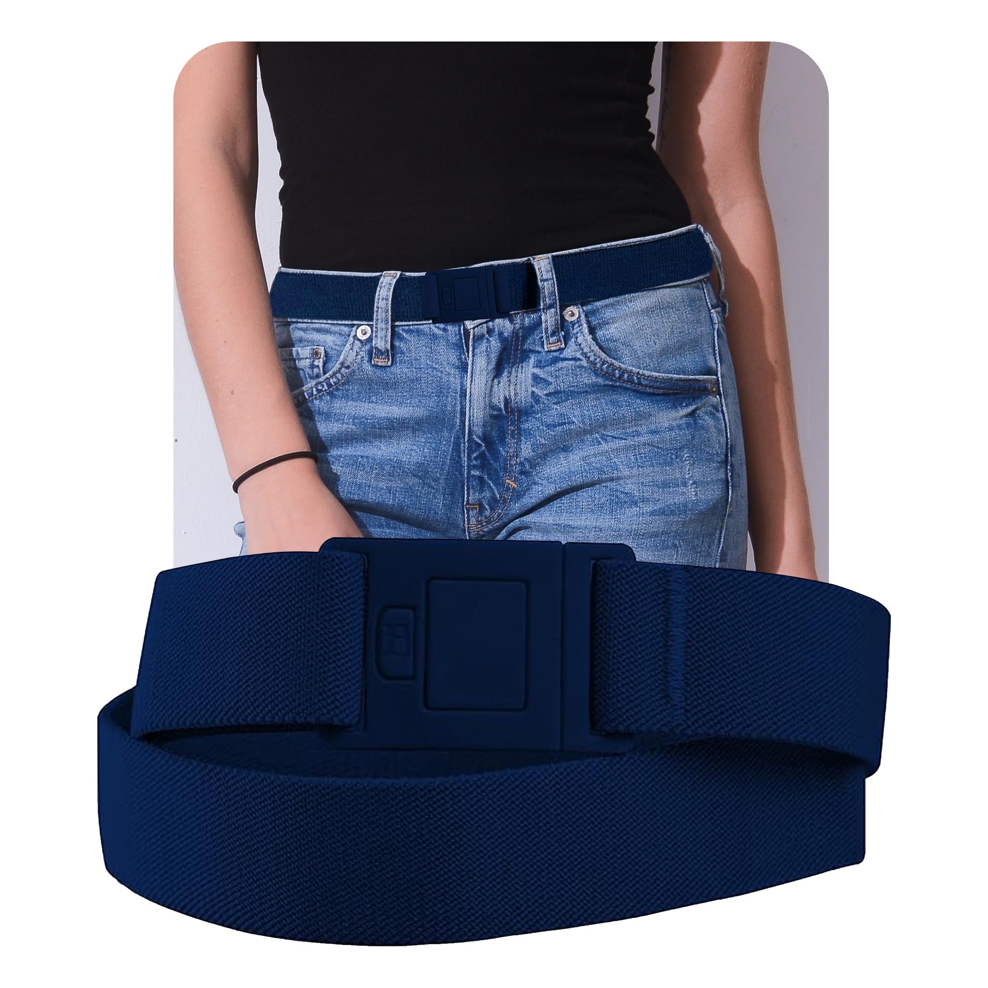 BELTAWAY Easily Adjustable Elastic Flat Buckle No Show Belts for Women – Stretch, Low Profile Design, Soft, Denim, One Size (0-14)