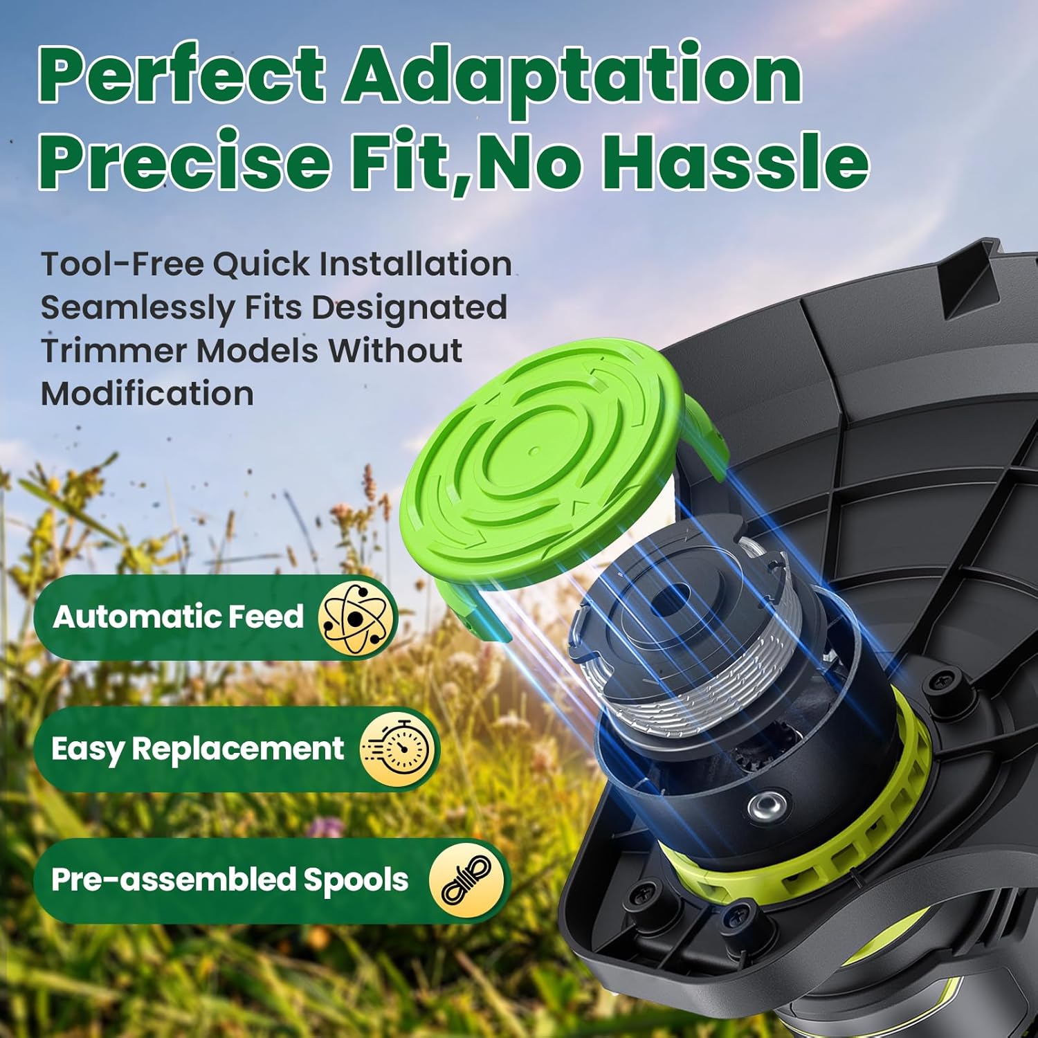 Trimmer String Spool Compatible with Greenworks, 0.065" 16Ft Single Line Auto-Feed String Trimmer Spools for Greenworks Weed Eater, Weed Wacker String Replacement Parts (6 Trimmer Spools, 2 Caps)
