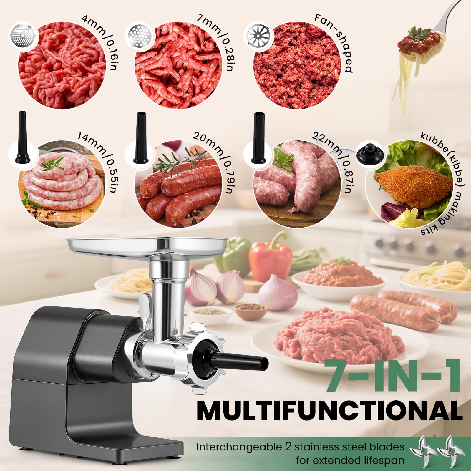 Picadora de carne eléctrica de 2000 W de potencia máxima resistente con pantalla táctil, 2 cuchillas, 3 platos, tubos de salchicha y kit de Kubbe #10 para uso doméstico 4