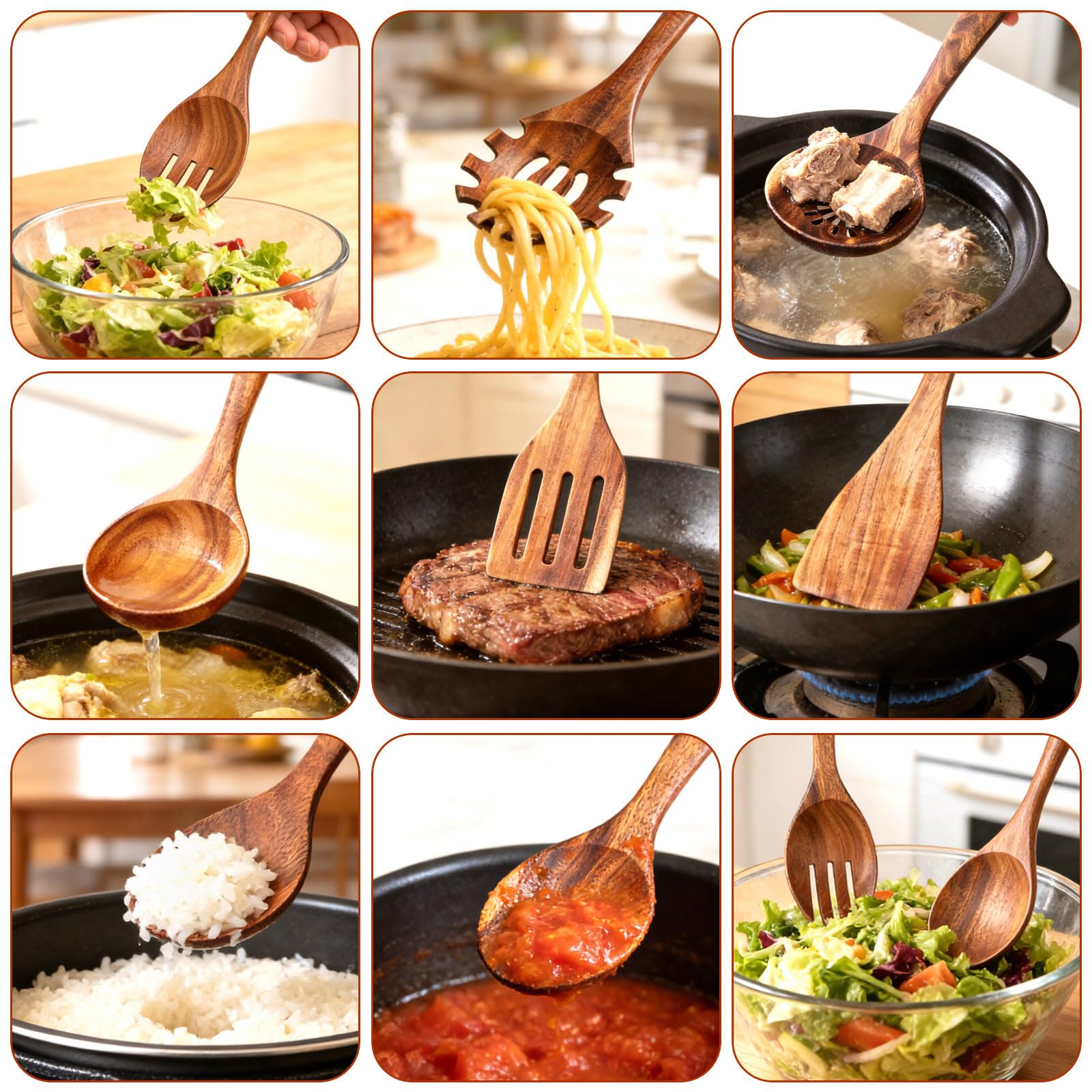 8 Piezas Juego de Utensilios de Cocina de Madera de Acacia con Espátula | Cucharón Cubiertos para Ensalada Cucharón para Pasta Cuchara para Arroz y 8 Ganchos en S, Resistente y Antiadherentes