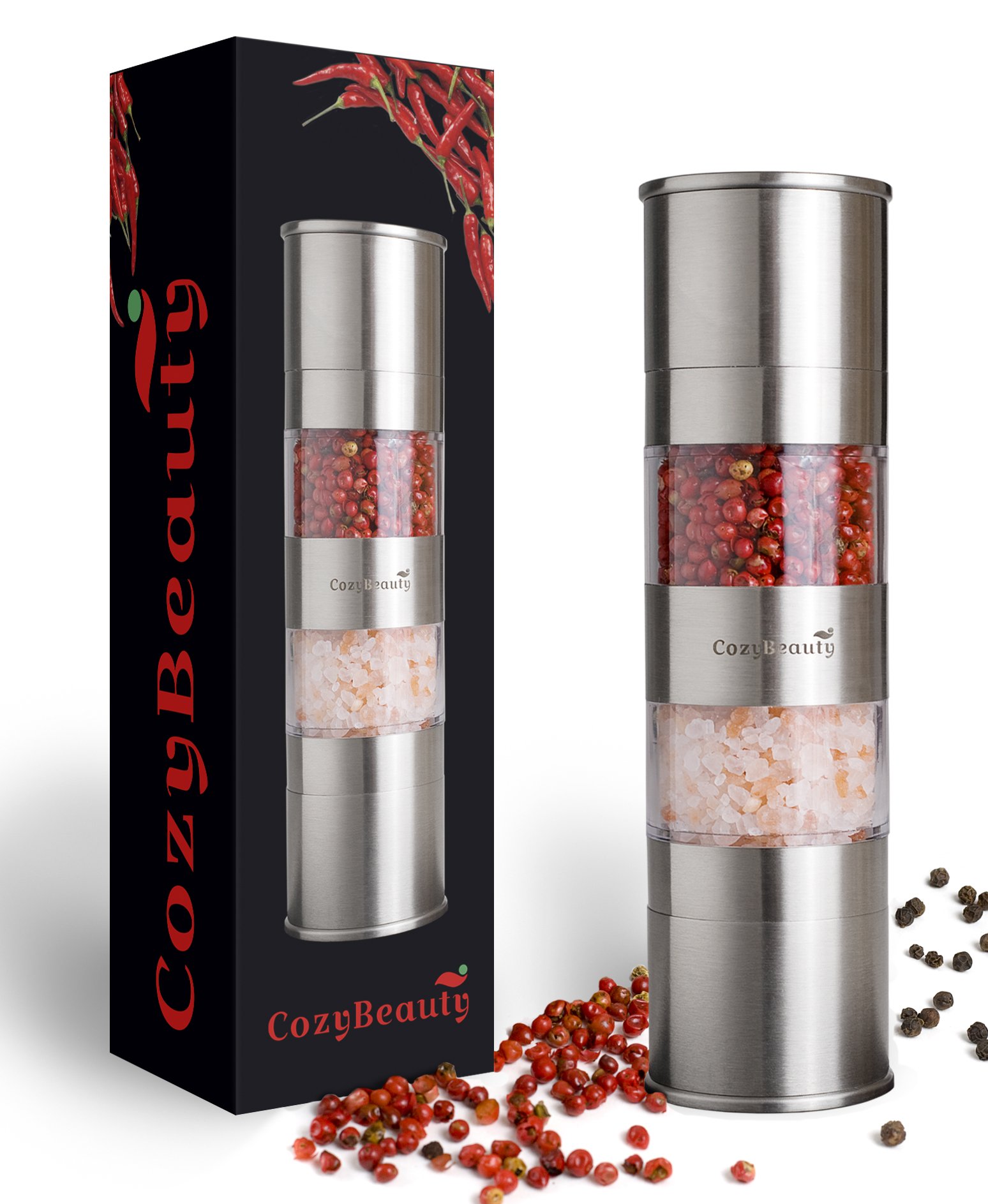 Salt and Pepper Grinder 2 in 1 Ceramic Grinder Stainless Steel Mill by CozyBeauty