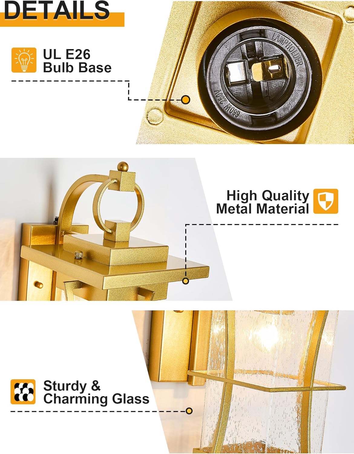 Gold Dusk to Dawn Outdoor Wall Lantern Exterior Light Fixtures Wall Mount Porch Light with Photocell Sensor Waterproof Outside Sconce for House, Patio, Garage,Seeded Glass Outside Wall Lamps