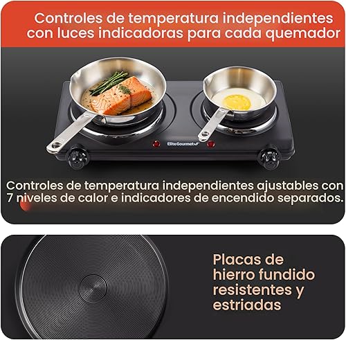 Miniatura 4 de Elite Gourmet EDB-302BF# Quemador doble de hierro fundido para encimera, placa caliente eléctrica de 1500 vatios, controles de temperatura, luces