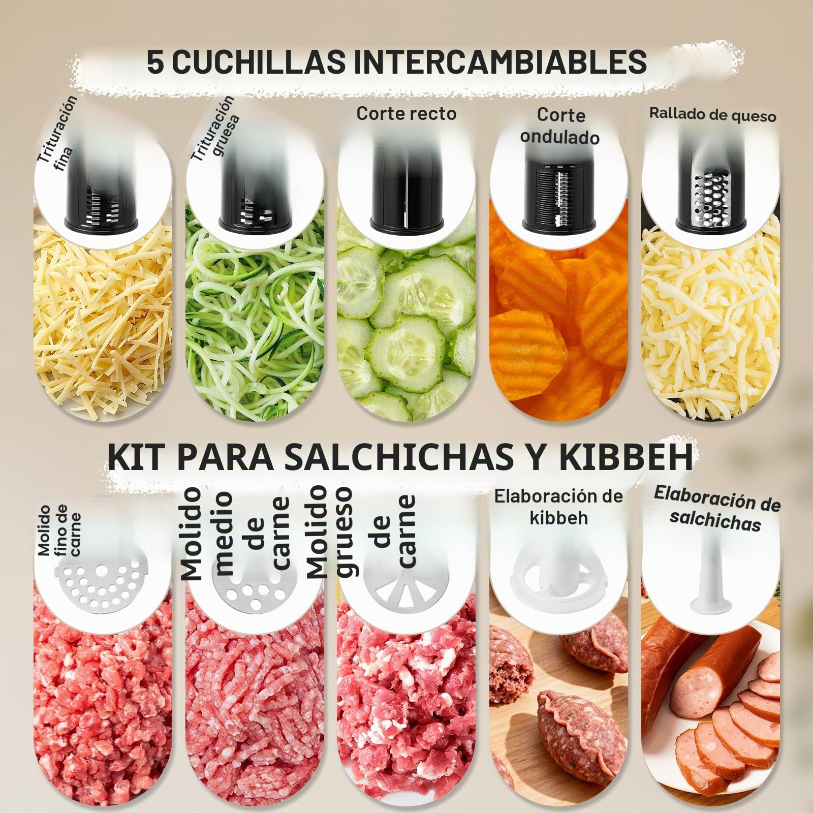 Picadora eléctrica de carne,embutidora de salchichas,y trituradora de verduras de acero inoxidable de 2800W máx, 3 placas de picado, cortador de verduras con 5 cuchillas de corte y kit Kubb