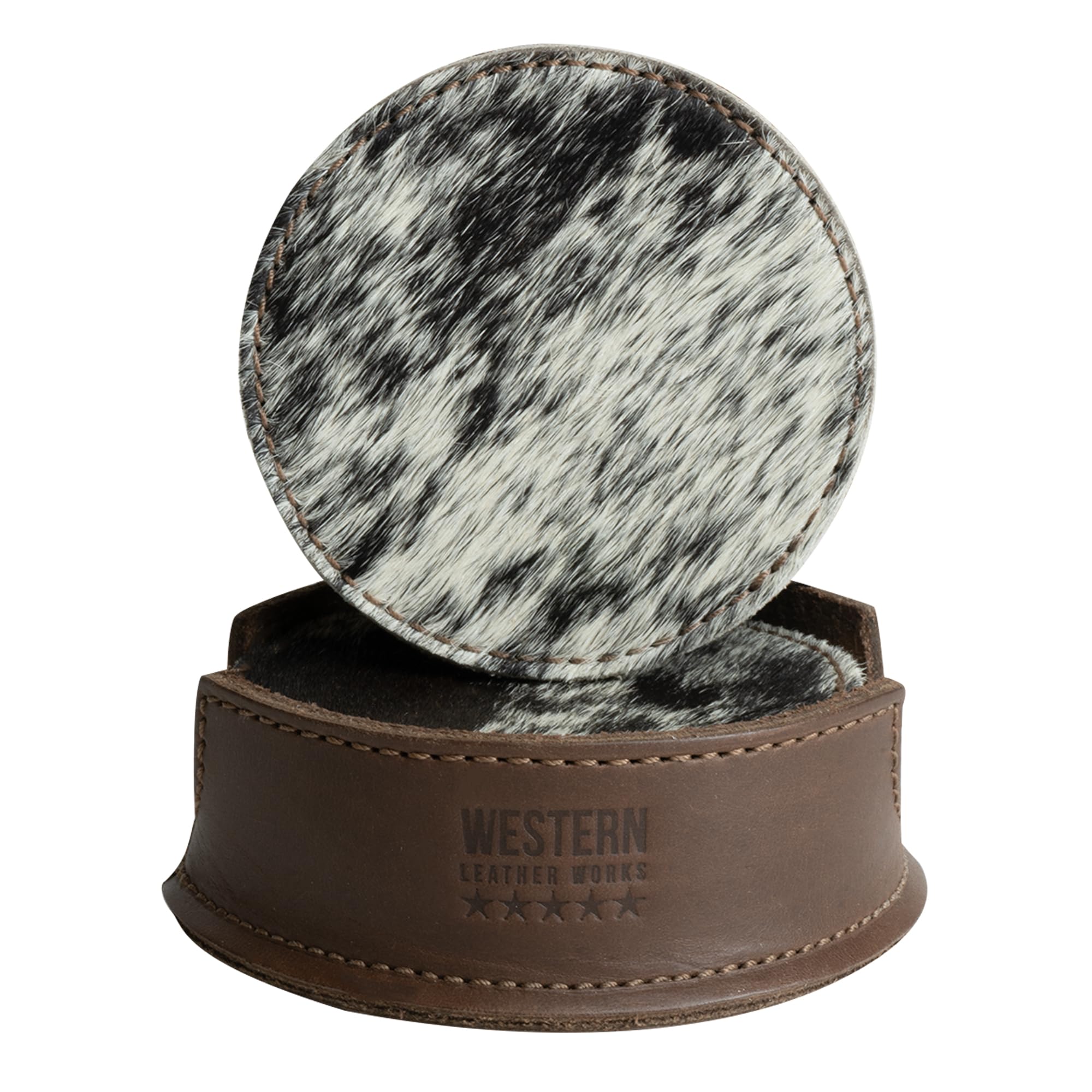 Western Leather Works, Set of 6 Circular Coasters for Drinks, Glass Cups Stain Protection, Full Grain Leather, Handmade, Furry