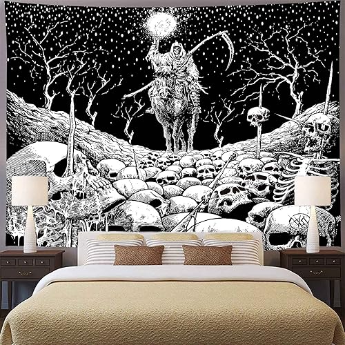 Miniatura 2 de Grim Reaper - Tapiz de calavera de muerte de esqueleto para colgar en la pared de los hombres, para dormitorio, fantasía, tela de franela de 80 x 60