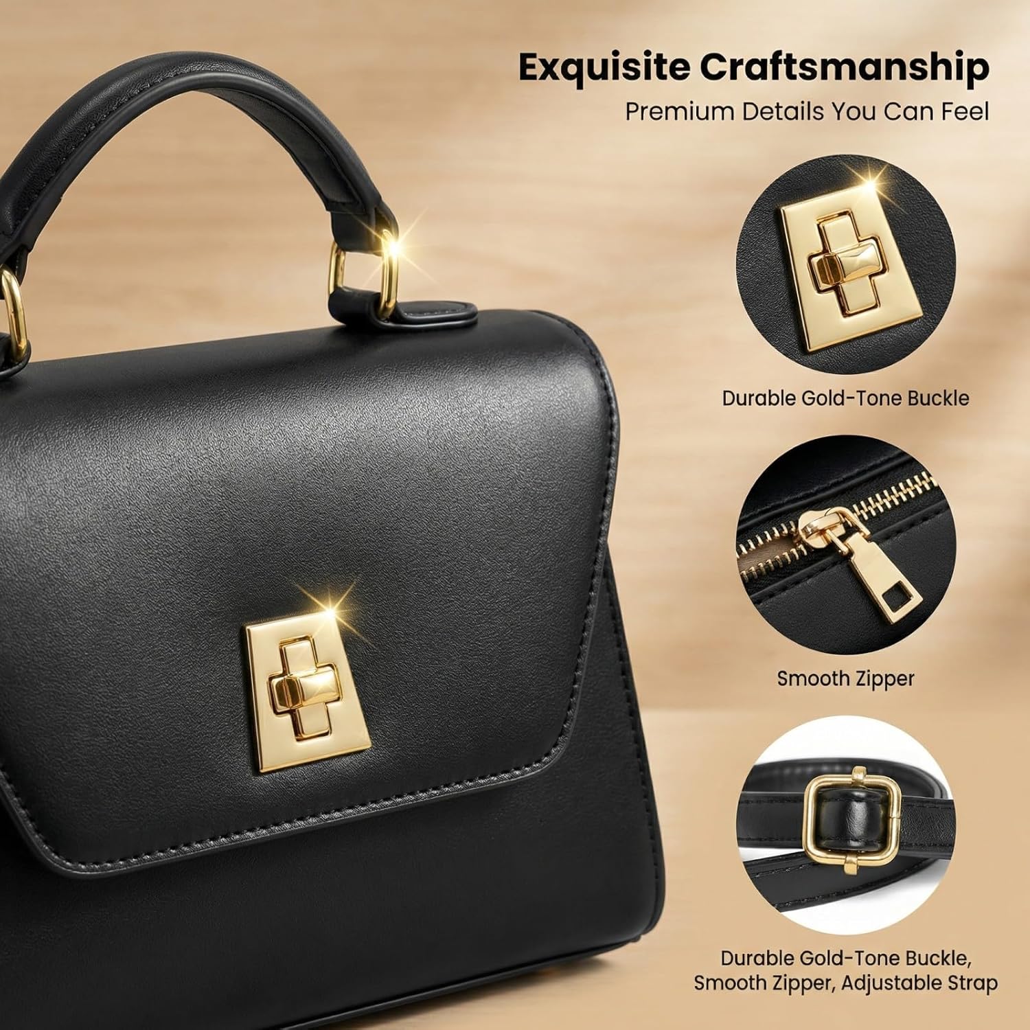 Classic Medium Crossbody Bag for Women, Vegan Leather Satchel Purse with Gold-Tone Hardware, Elegant Top-Handle Shoulder Bag - Image 8