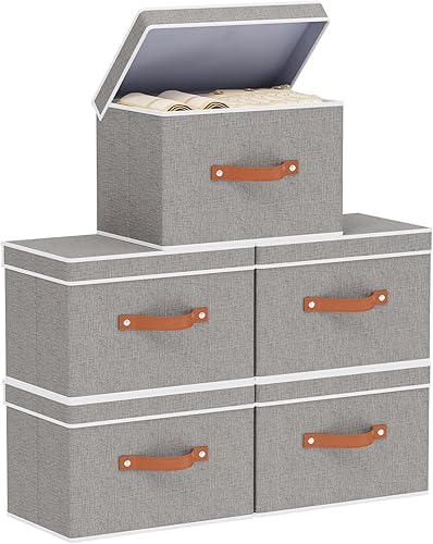 Miniatura 15 de Cesta de almacenamiento de tela con tapas, contenedores de almacenamiento plegables de lino, cajas organizadoras de armario con asas dobles, gris,