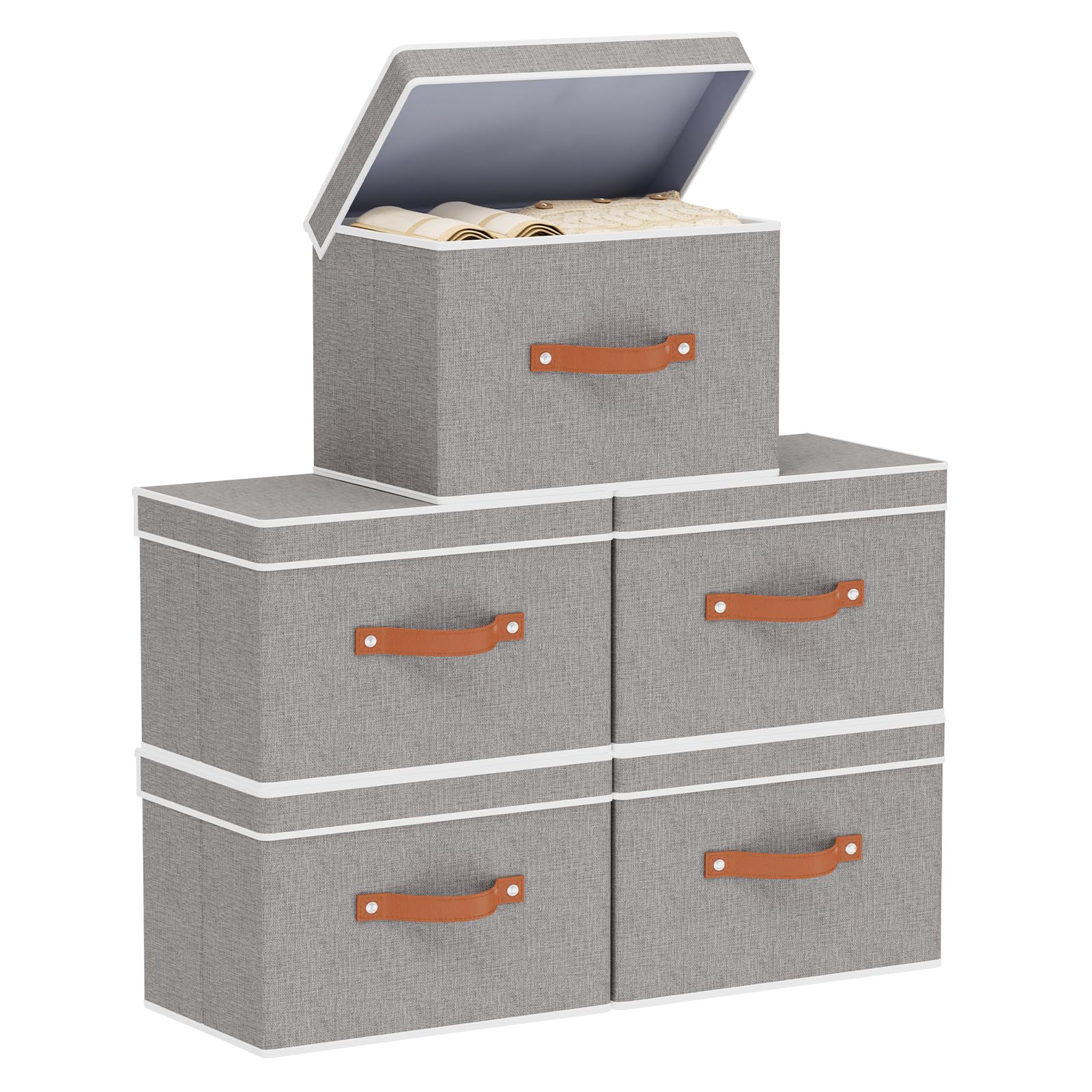 5 Stück Aufbewahrungsboxn, Aufbewahrungsbox mit Deckel, Faltbare Stoffbox Aufbewahrung für Wohnzimmer, Schlafzimmer, Kleiderschrank organizer, 38x25x25cm, Grau