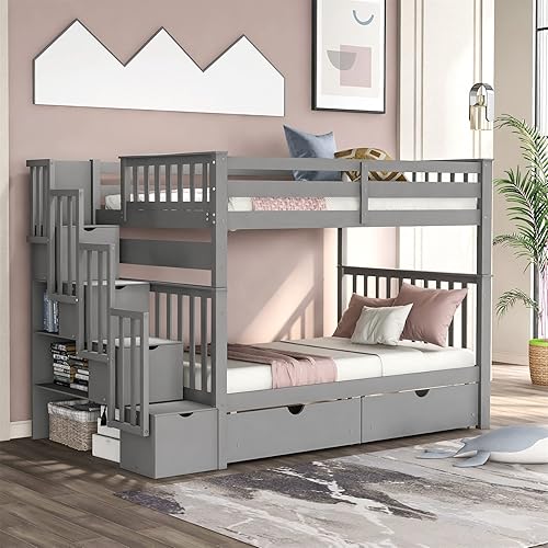 Harper & Bright Designs Full Over Full Bunk Bed with 6 Storage Drawers, Wooden Full Bunk Beds with Stairway and Shelves, Detachable for Kids, Teens, Adults Boys & Girls (New, Gray)