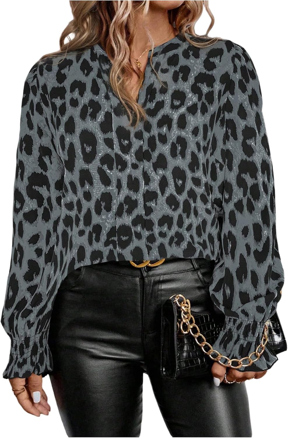 SOLY HUX Women's Plus Size Leopard Print Blouse Notched V Neck Long Sleeve Casual Shirt Tops