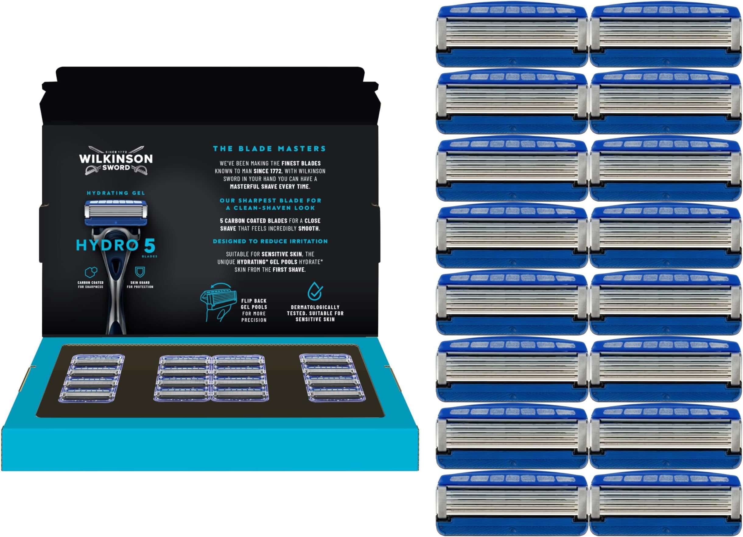 WILKINSON SWORD - Hydro 5 Razor Blades For Men, Blades, Carbon Coated, Hydrating Gel & Precision Trimmer, Pack of 16 Razor Blade Refills