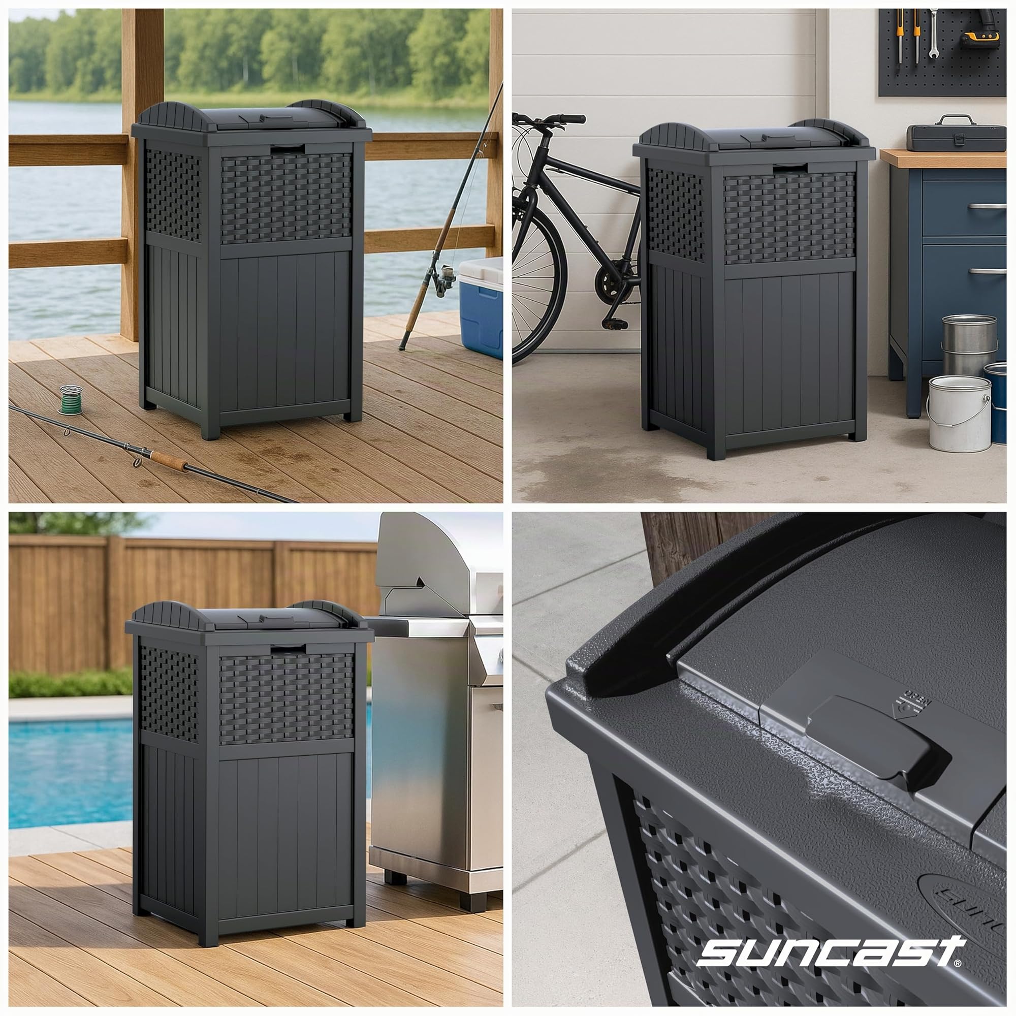 Suncast Poubelle cachée de style osier avec couvercle à verrouillage sécurisé et construction résistante aux intempéries pour terrasse, fabriquée aux États-Unis, 125 L, gris (Cyberspace Grey)
