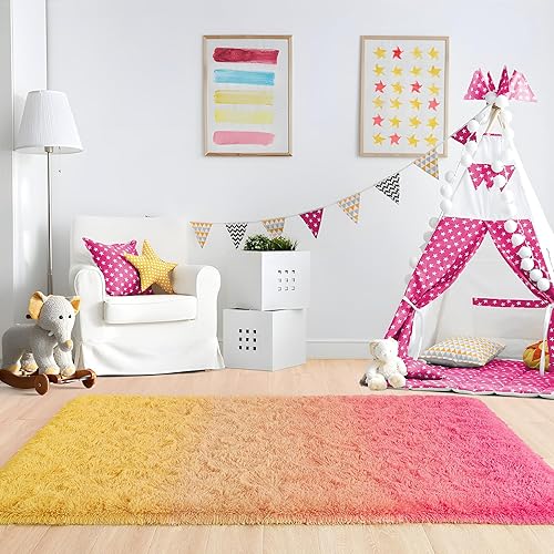 Miniatura 6 de Noahas Alfombras para dormitorio, alfombra amarilla y rosa de 4 x 6 pulgadas, alfombra de arco iris esponjosa para dormitorio de niñas, alfombra