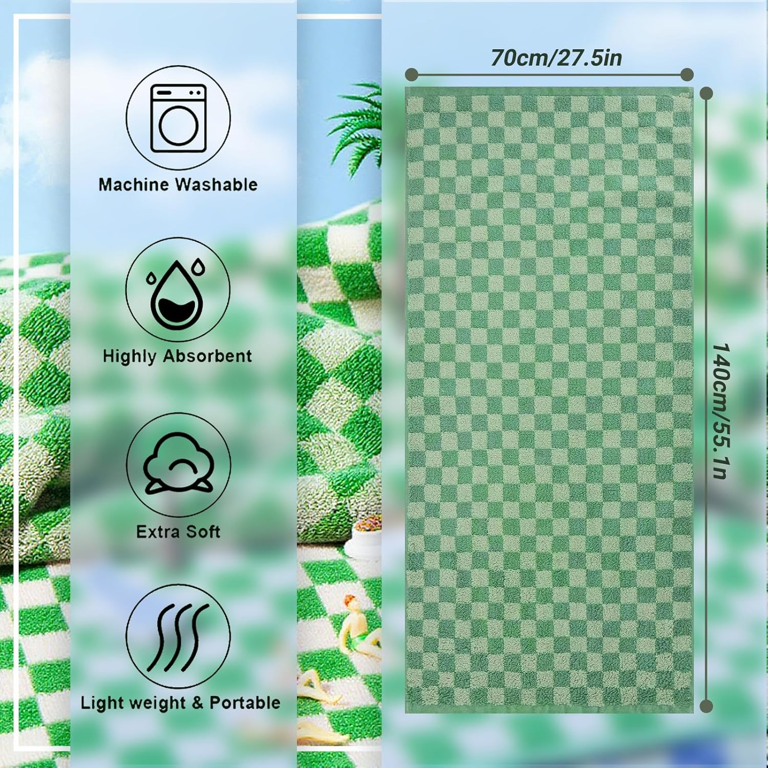 Bath Towels Set of 2, Green Large Cotton Checkered Shower Towels 27.5 x 55 Inches, Soft Quick Dry Absorbent Towels for Bathroom, Pool, Beach, Send Goods from Local Warehouse