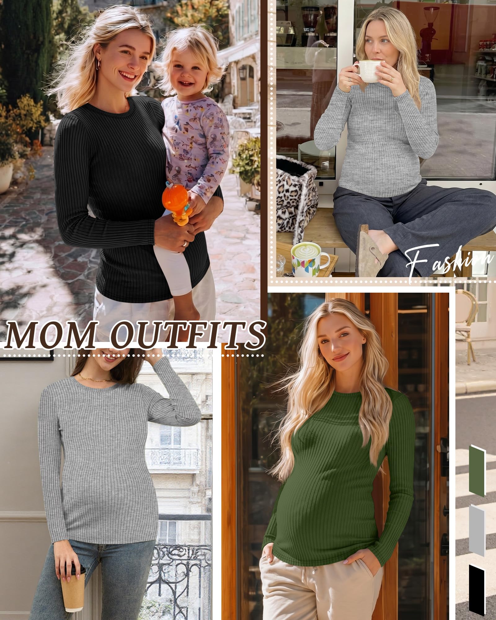 Riyiper Lot de 4 Chemises de Maternité pour Femmes, Manches Longues, Tricot Côtelé, Tuniques de Grossesse en Coton
