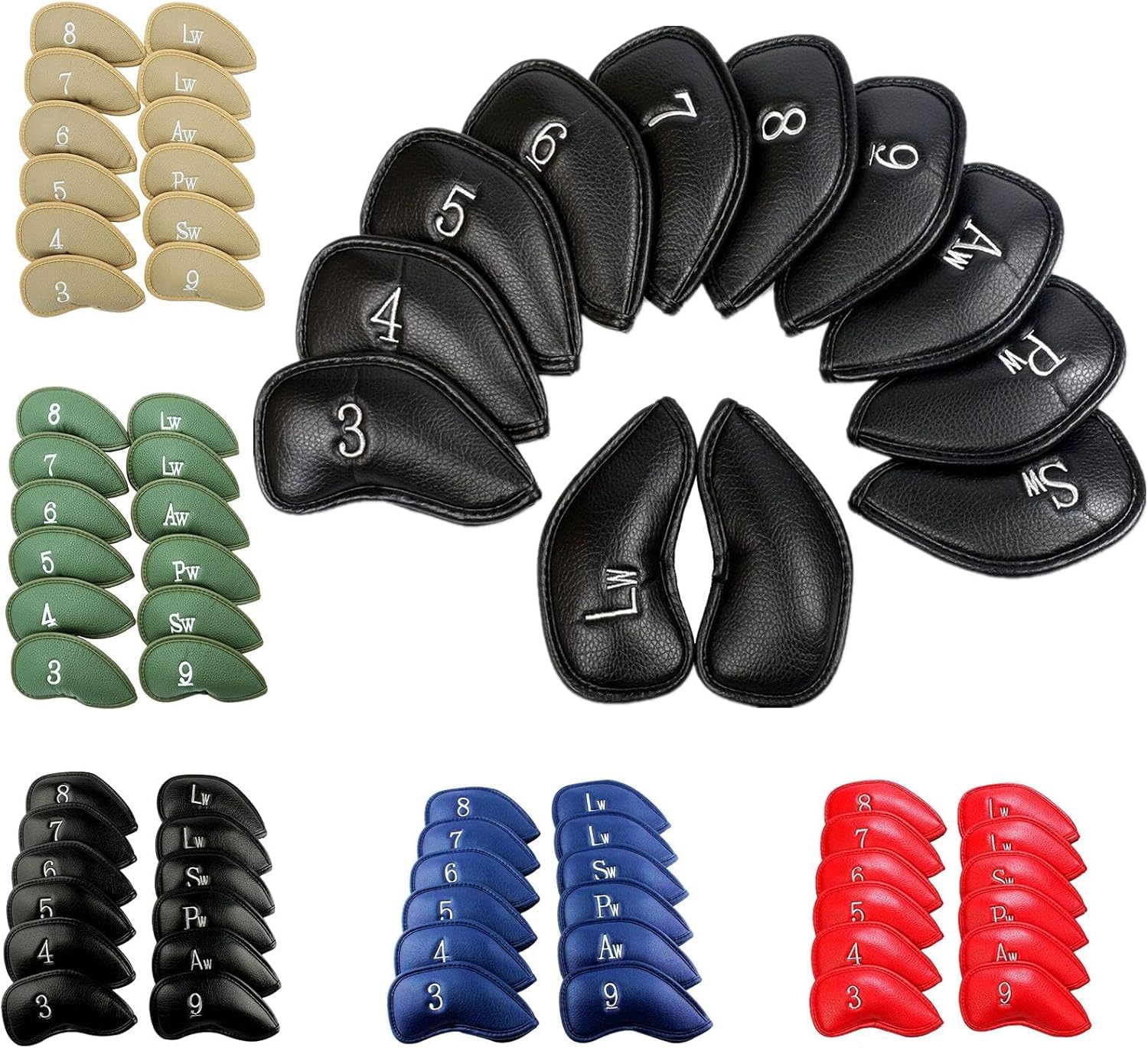Lot de 12 housses de club de golf en cuir synthétique avec chiffres imprimés - Durable - Pour homme et femme - Ajustement universel à tous les clubs de fer
