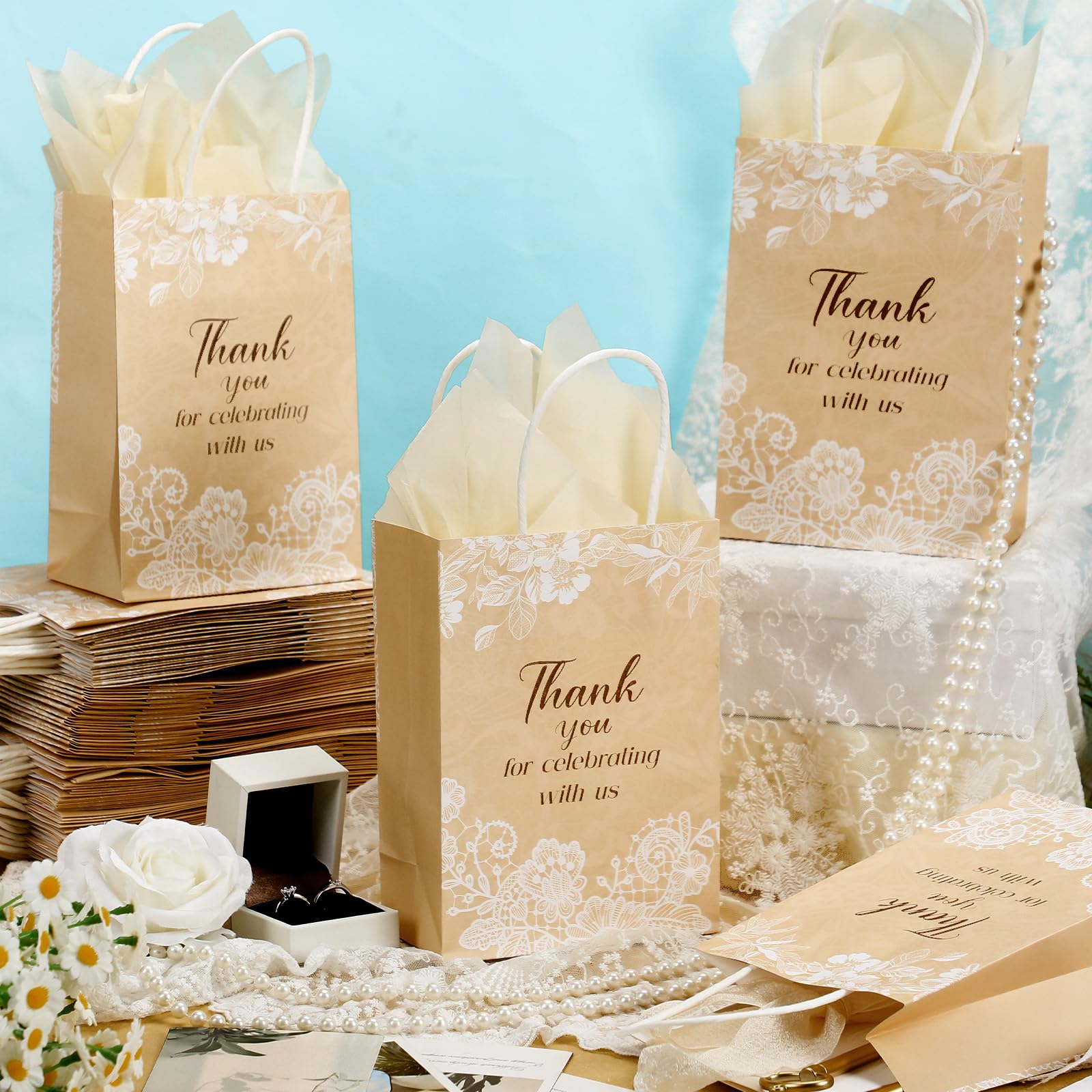 Fuutreo 100 Set Wedding Gift Bags with Tissue Paper Wedding Welcome Favor Paper Bags for Guests with Handles Thank You Bridal Shower Hotel 21 * 8 * 15cm(Vintage Lace)